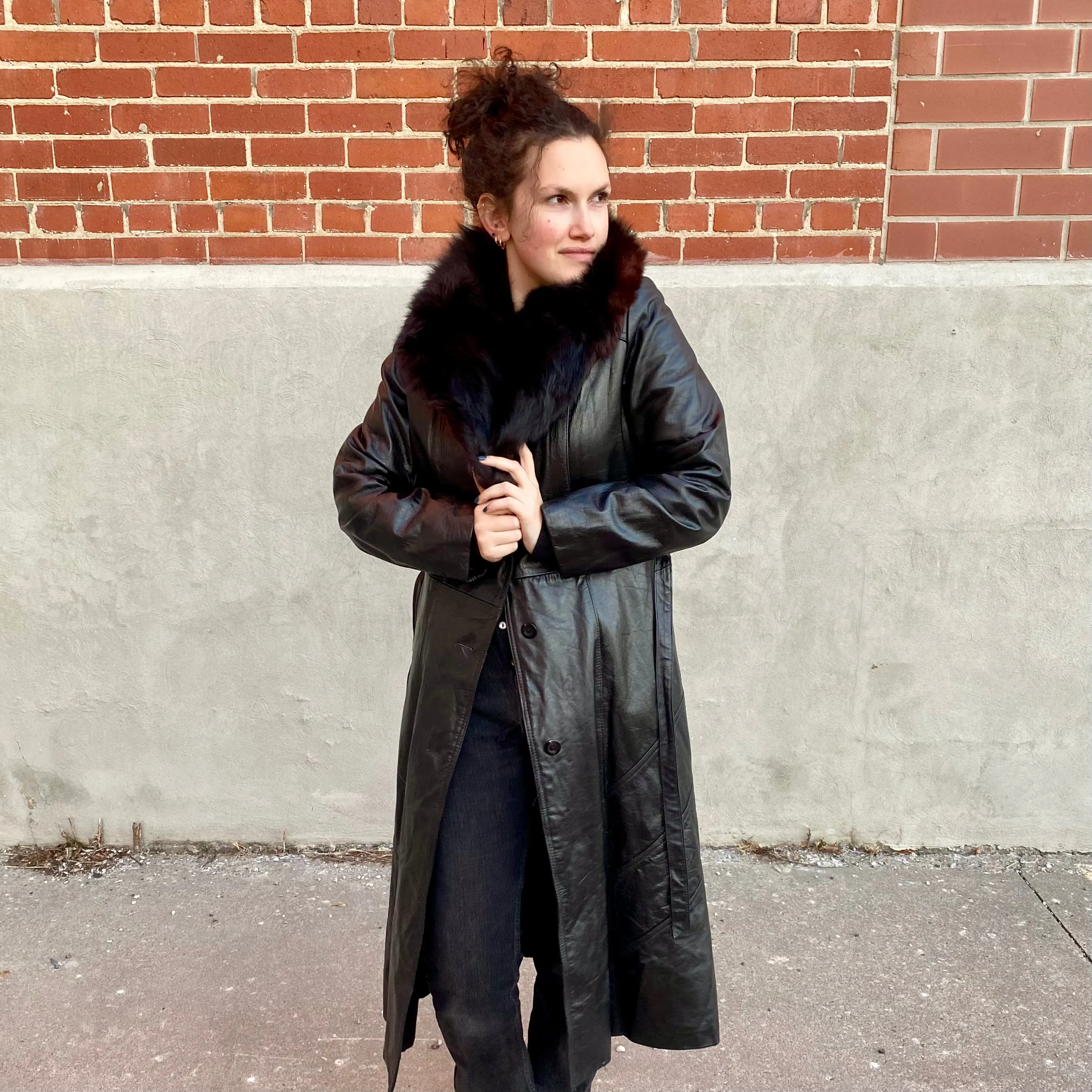 1970s Black Leather Belted Trench Jacket with Fur Collar