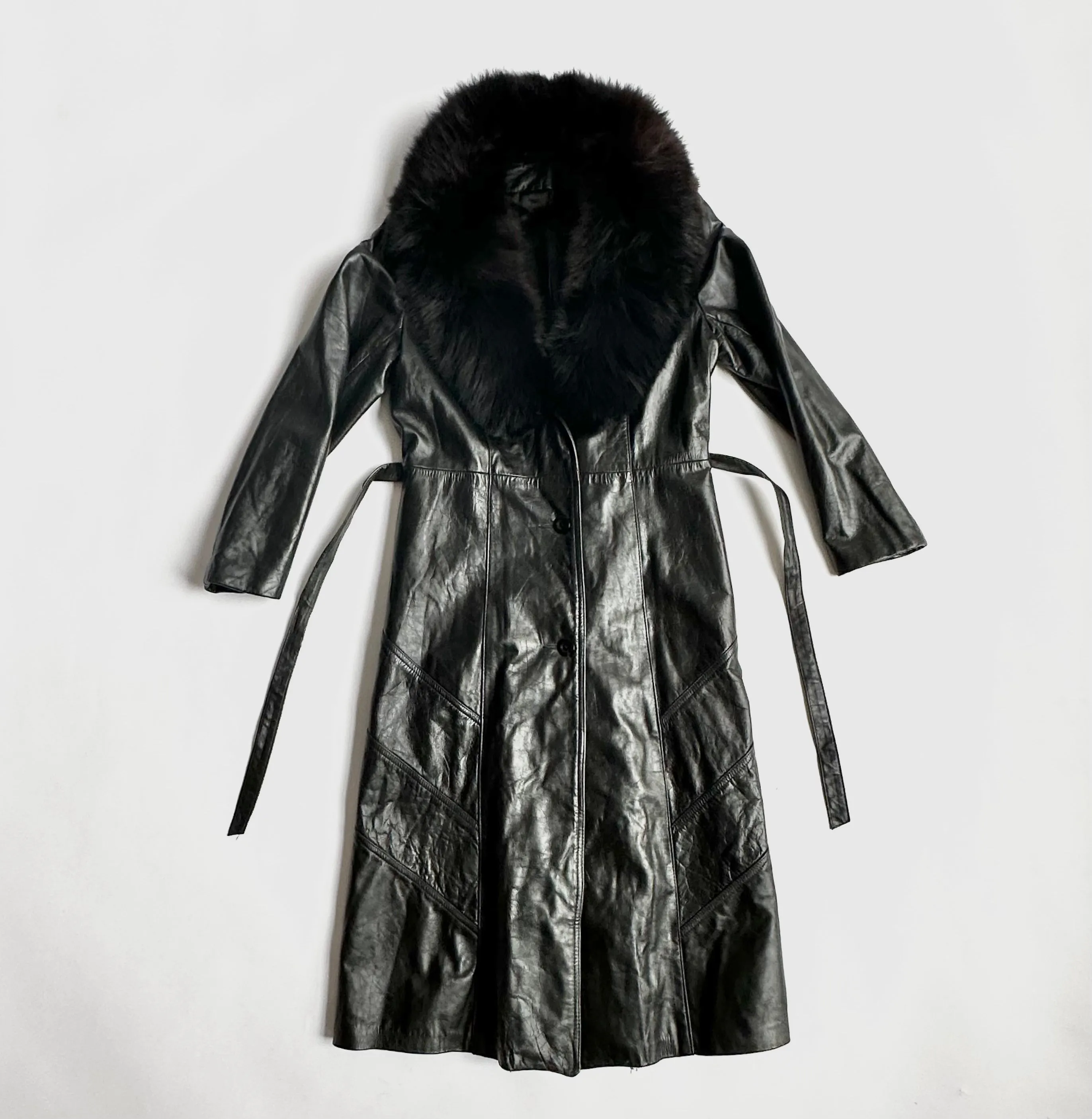 1970s Black Leather Belted Trench Jacket with Fur Collar