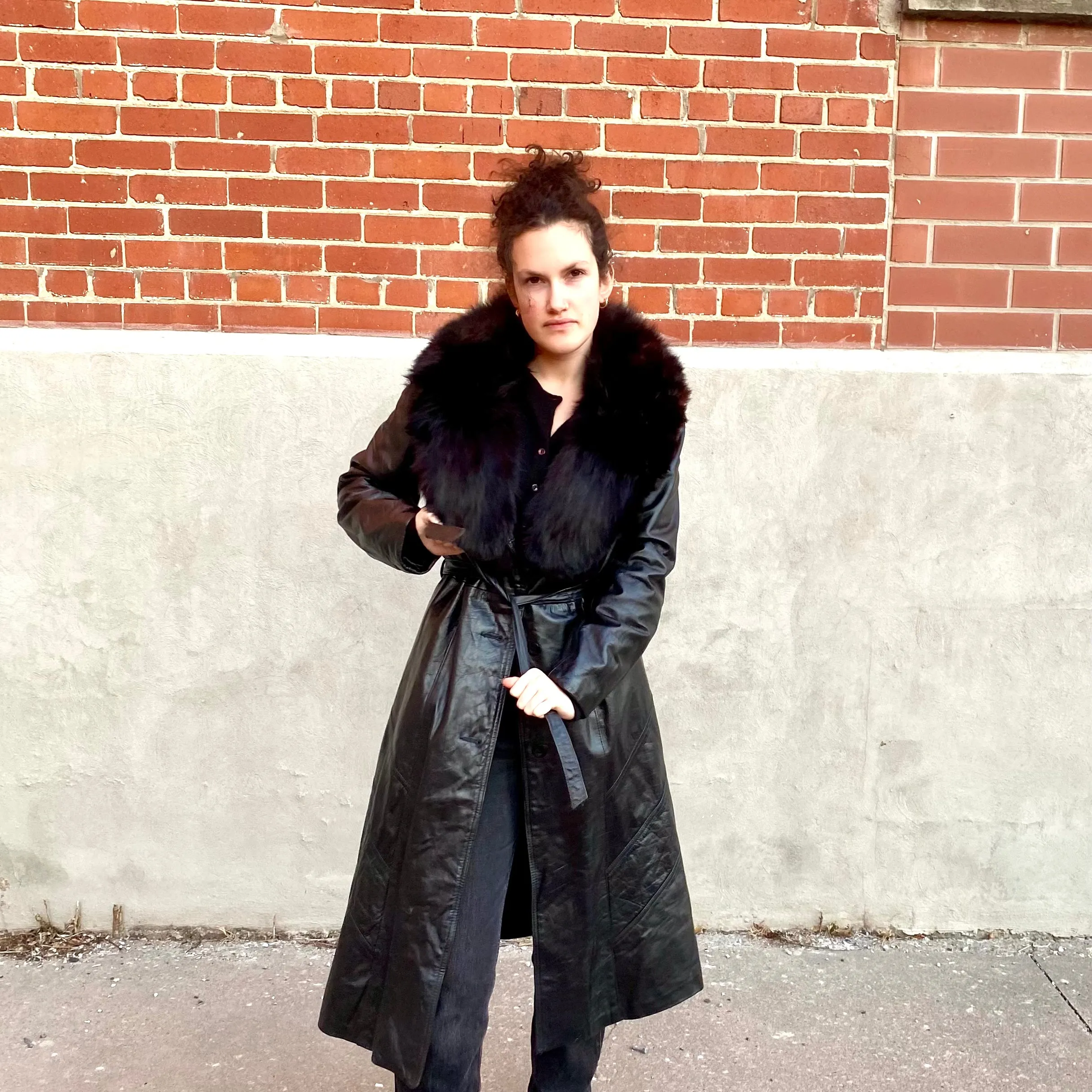 1970s Black Leather Belted Trench Jacket with Fur Collar