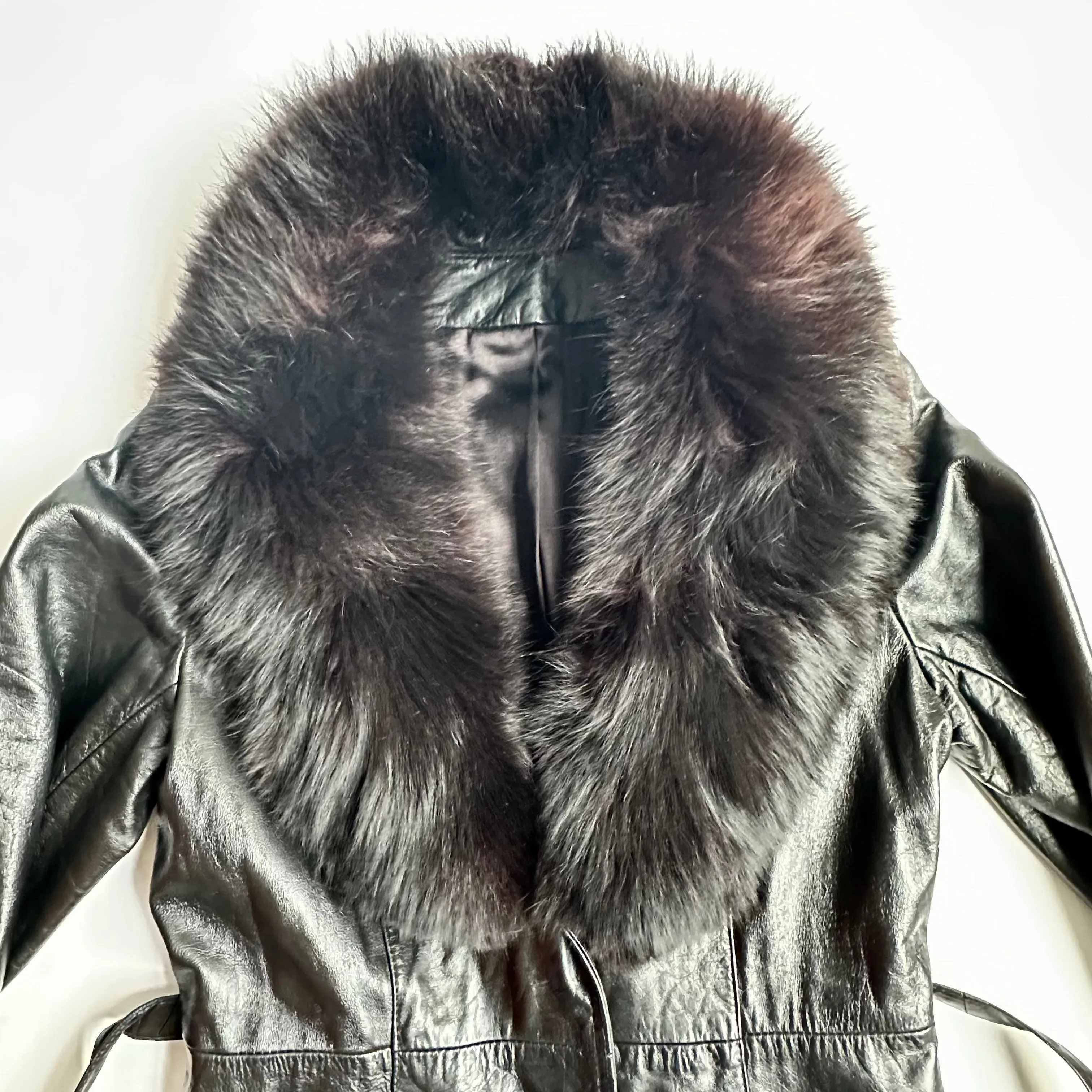 1970s Black Leather Belted Trench Jacket with Fur Collar