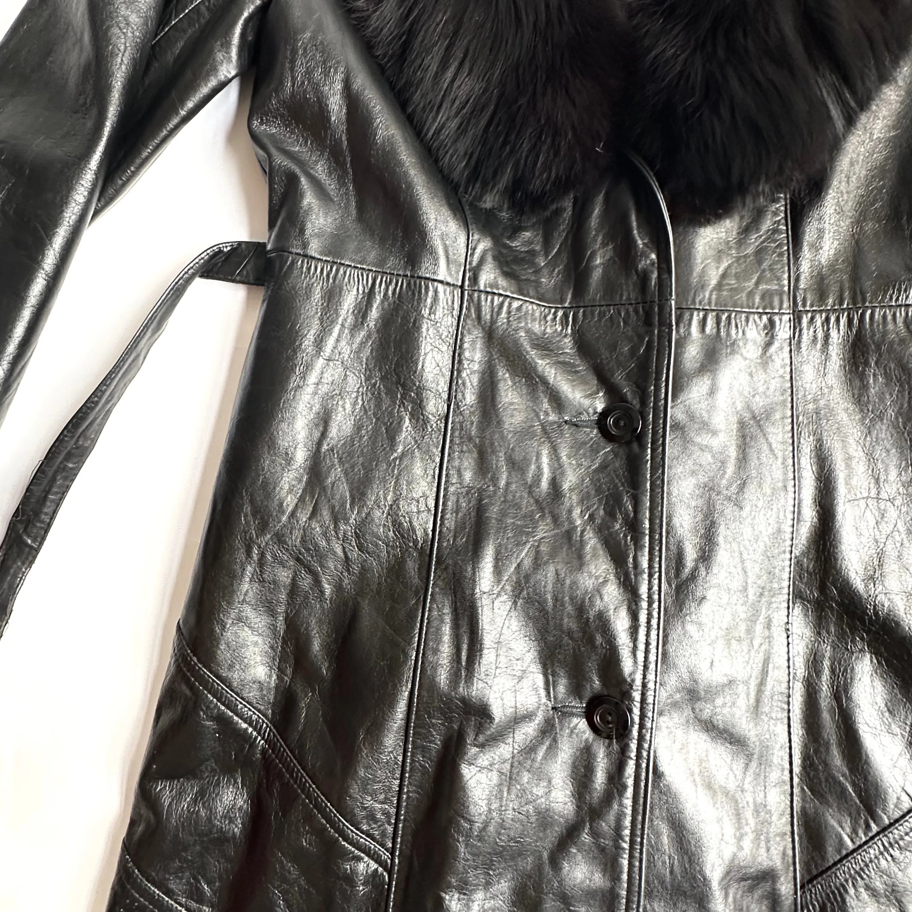 1970s Black Leather Belted Trench Jacket with Fur Collar