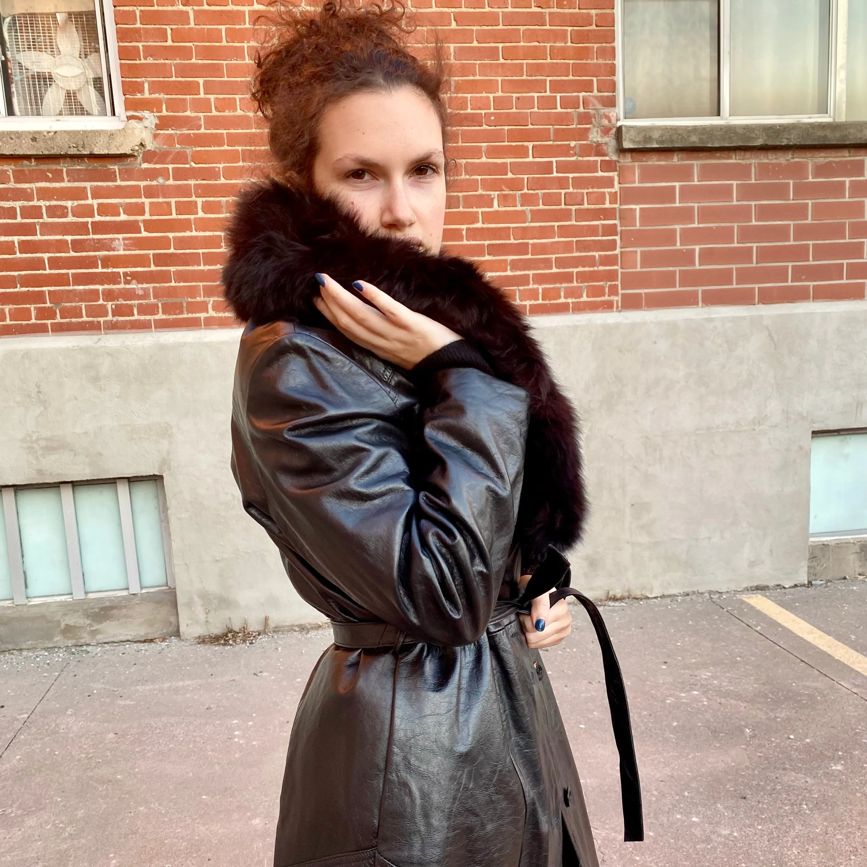 1970s Black Leather Belted Trench Jacket with Fur Collar