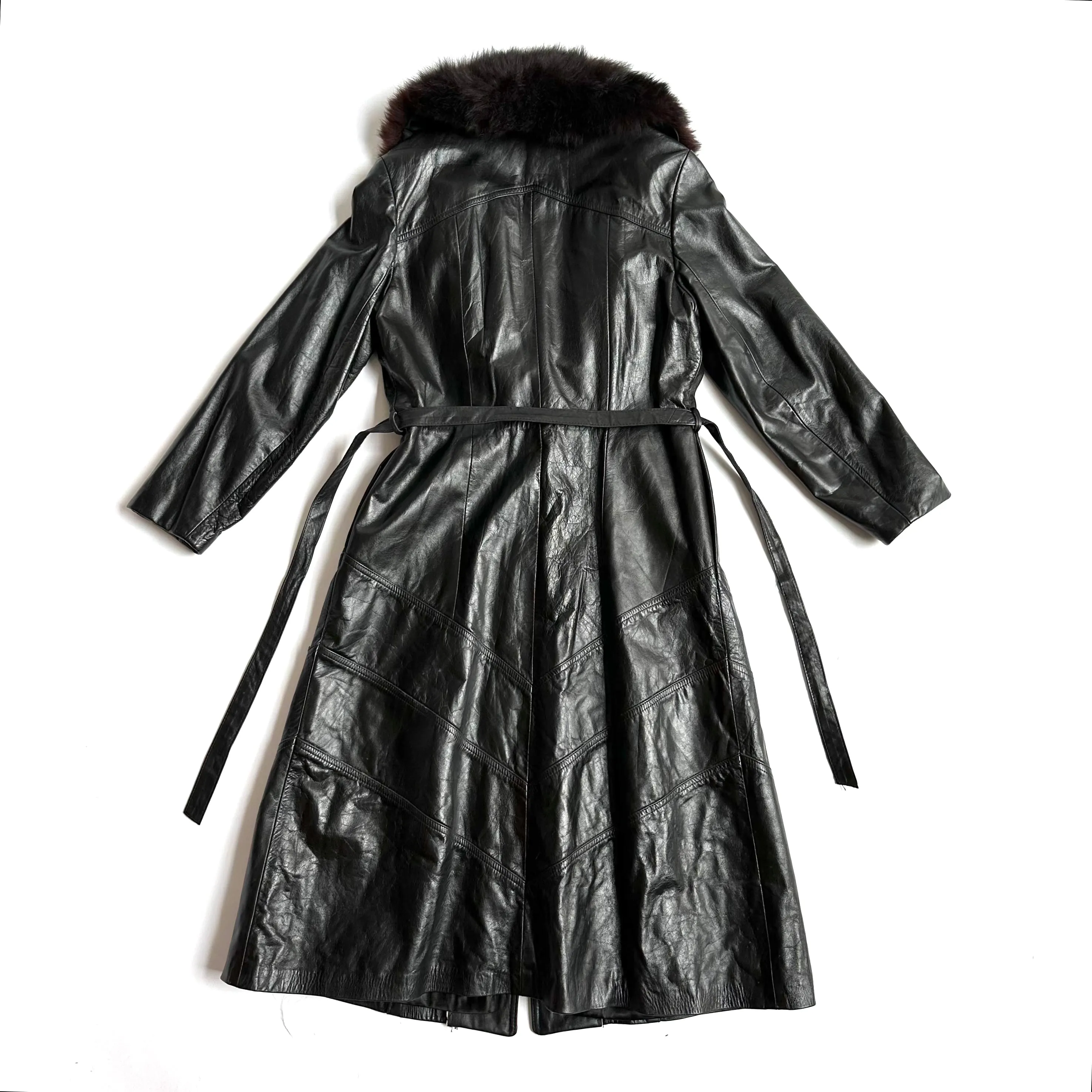 1970s Black Leather Belted Trench Jacket with Fur Collar