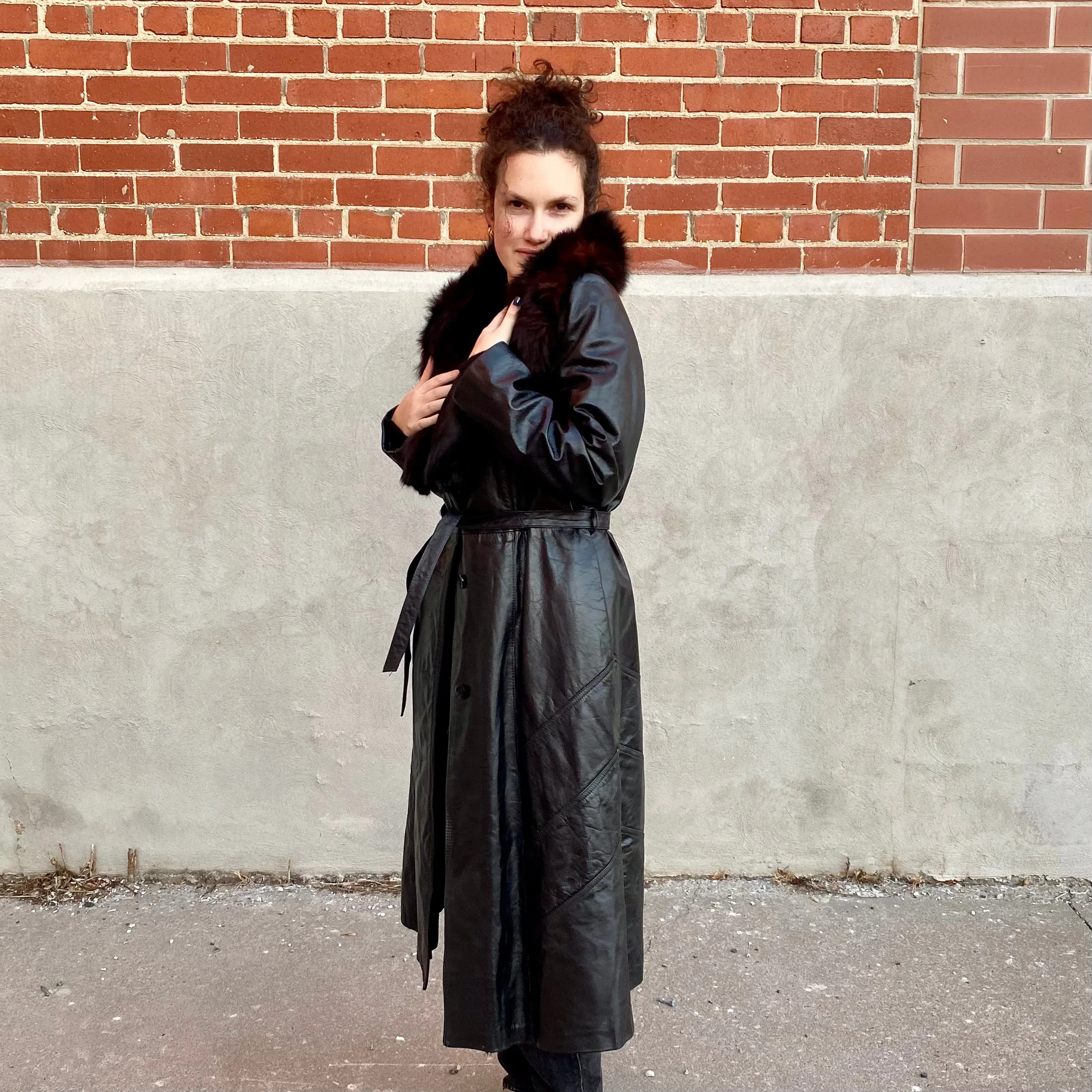 1970s Black Leather Belted Trench Jacket with Fur Collar