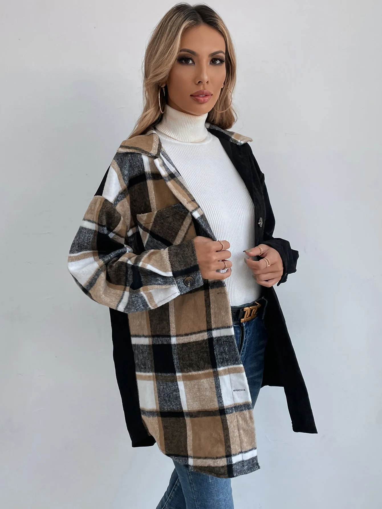 Autumn Simple With Plaid Shirt Jacket Women Wholesale