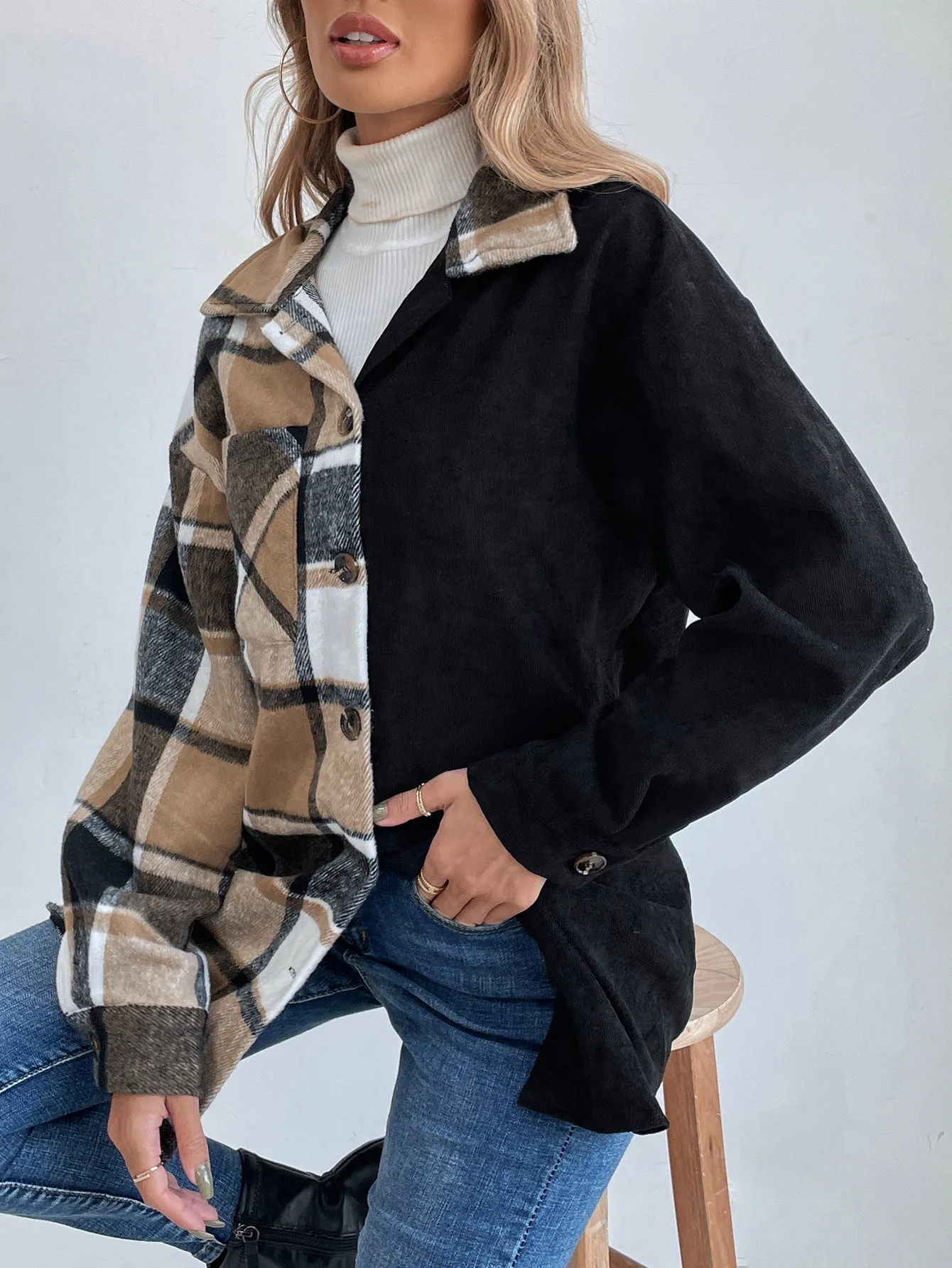 Autumn Simple With Plaid Shirt Jacket Women Wholesale