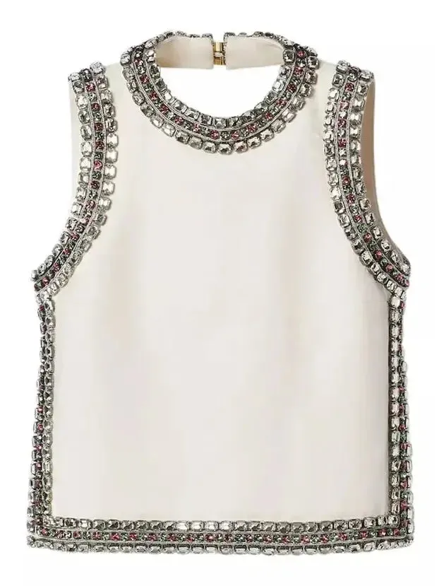 Backless Crystal-Embellished Crêpe Cady Chalk-Colored Top