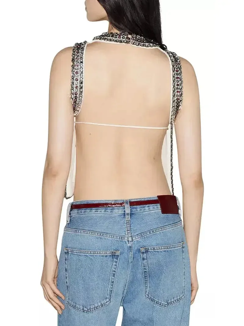 Backless Crystal-Embellished Crêpe Cady Chalk-Colored Top