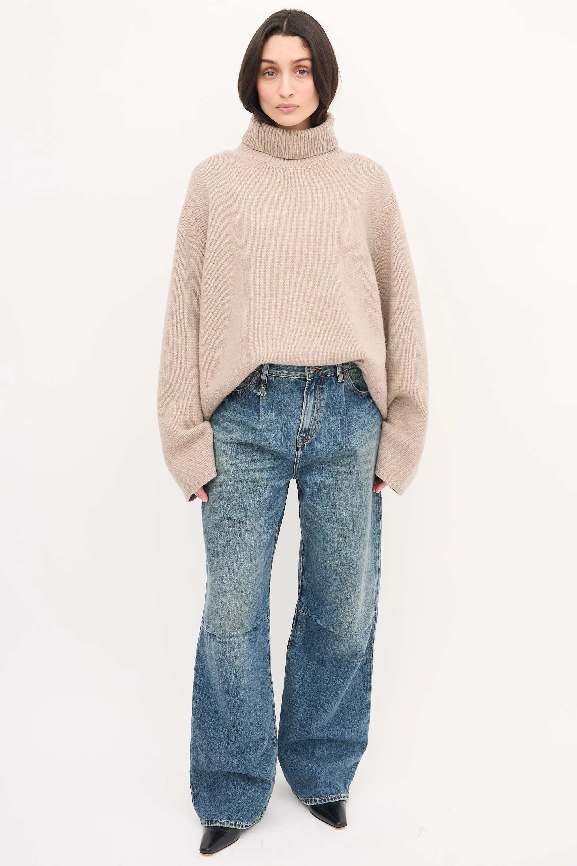 Beige Wool & Cashmere Turtleneck Sweater