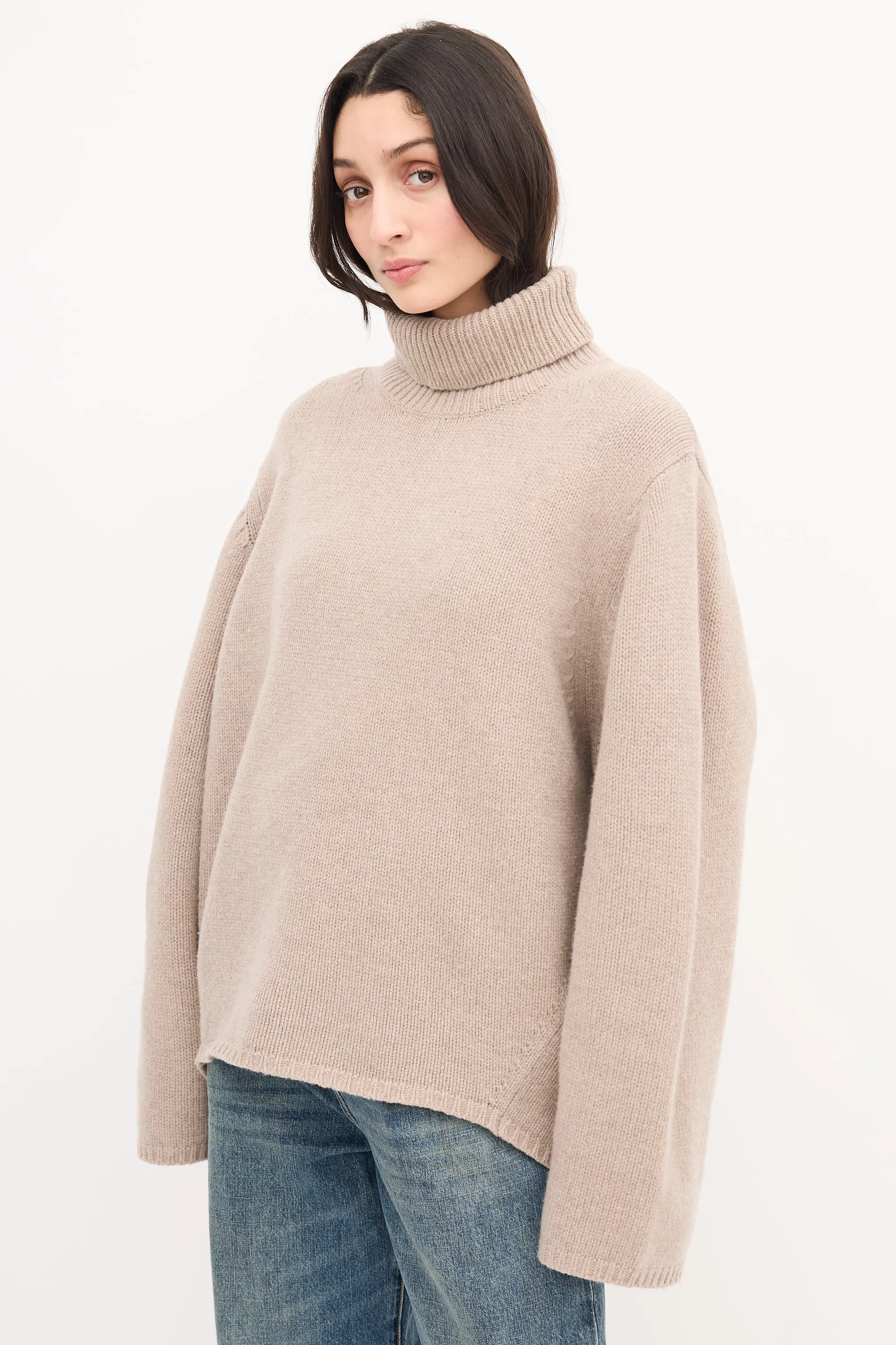 Beige Wool & Cashmere Turtleneck Sweater
