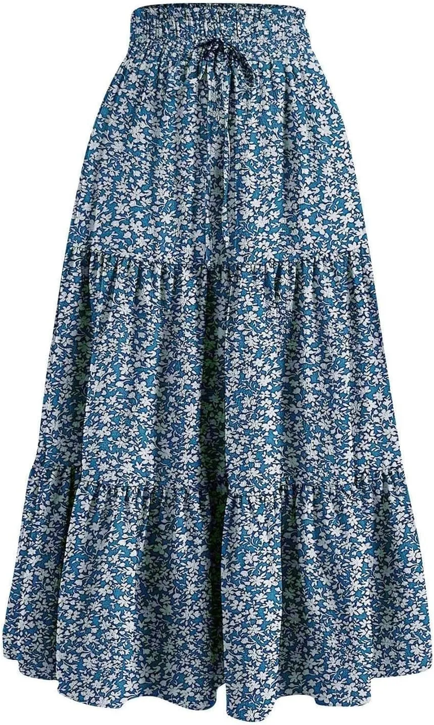 Boho Floral Maxi Skirt for Women Summer Elastic High Waisted Skirts Vacation A-Line Tiered Flowy Swing Long Skirts