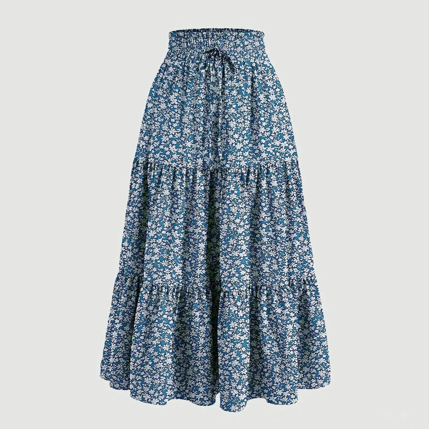 Boho Floral Maxi Skirt for Women Summer Elastic High Waisted Skirts Vacation A-Line Tiered Flowy Swing Long Skirts