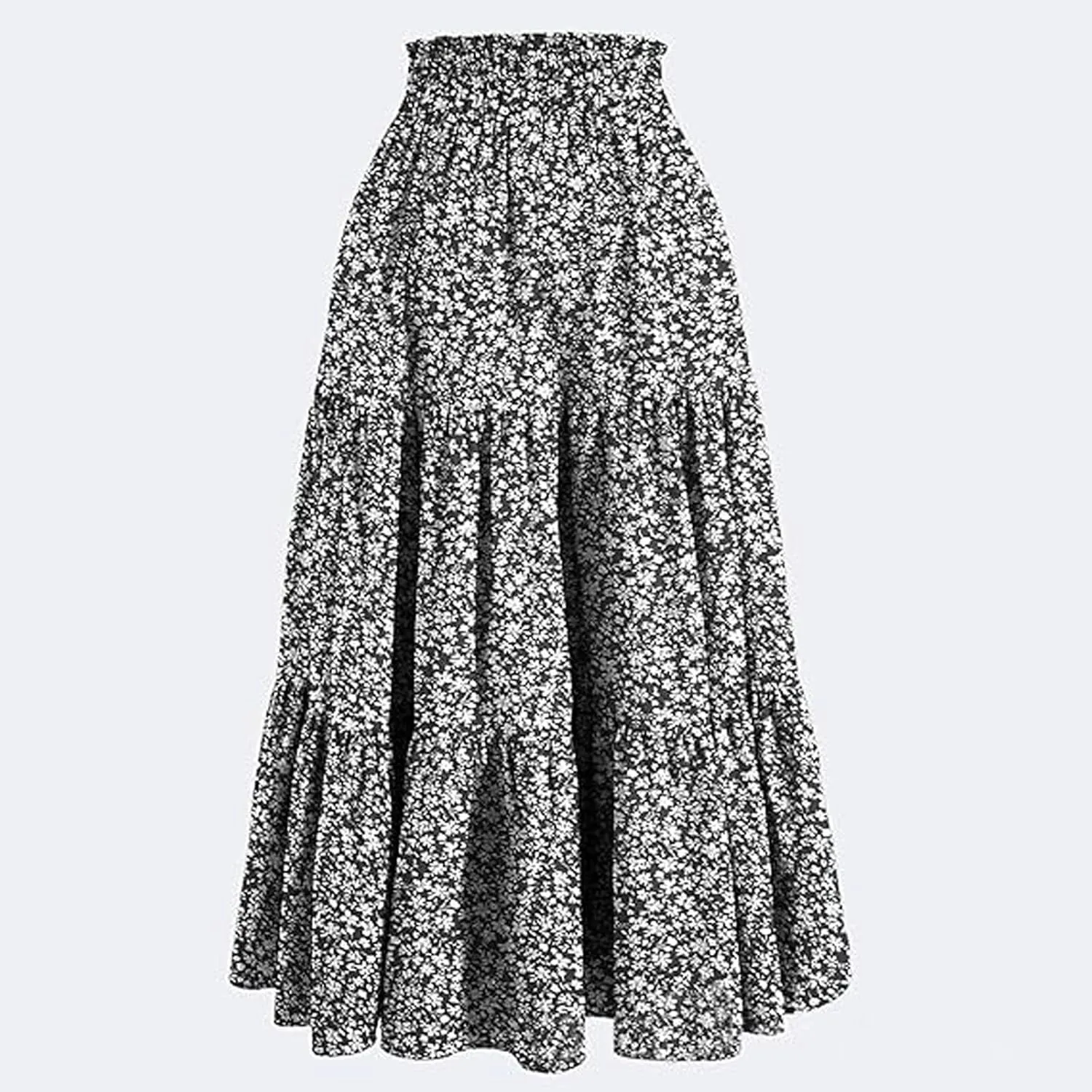 Boho Floral Maxi Skirt for Women Summer Elastic High Waisted Skirts Vacation A-Line Tiered Flowy Swing Long Skirts
