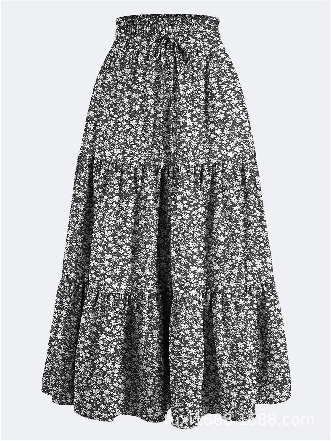 Boho Floral Maxi Skirt for Women Summer Elastic High Waisted Skirts Vacation A-Line Tiered Flowy Swing Long Skirts