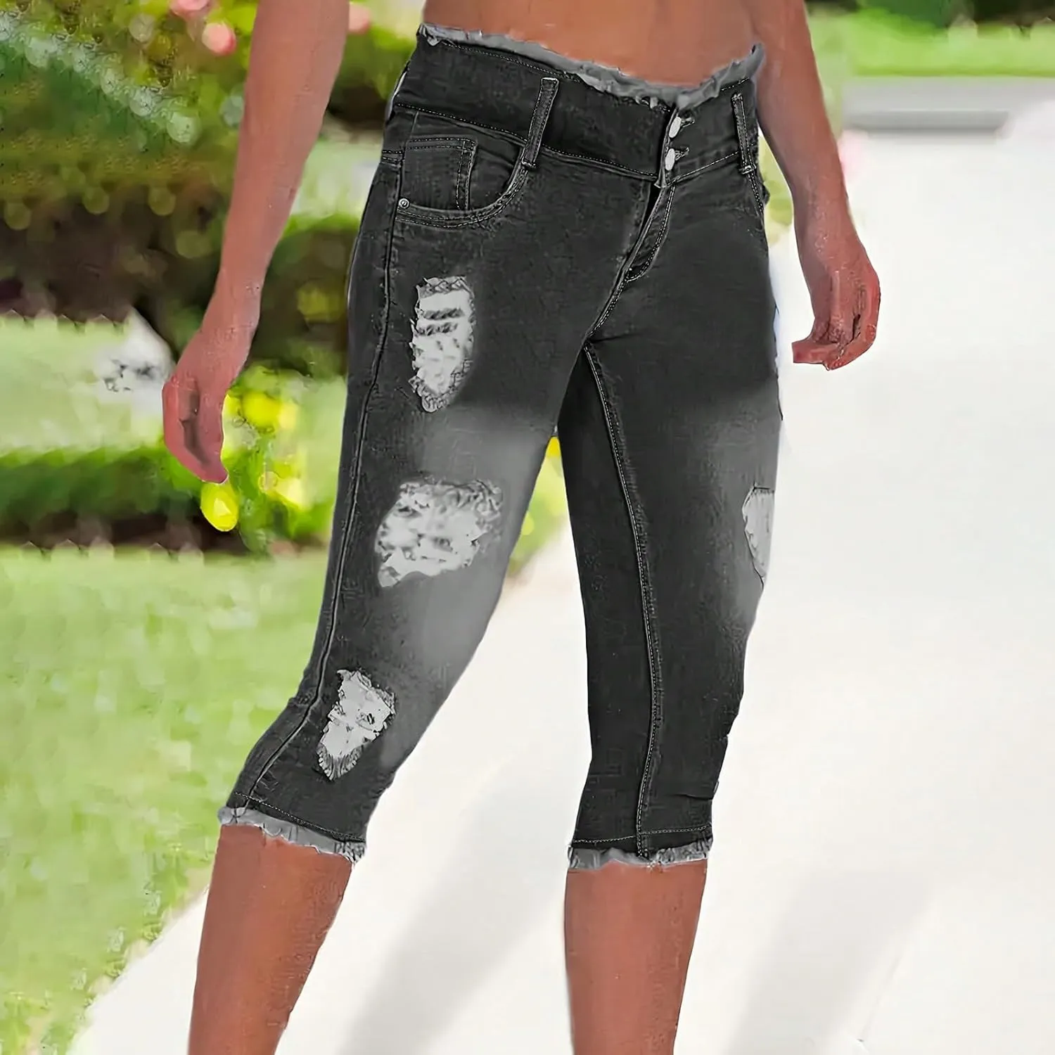 Capri Jeans for Women Stretch Low Rise Ripped Jeans Butt Lifting Wash Raw Hem Distressed Denim Capris with Pockets