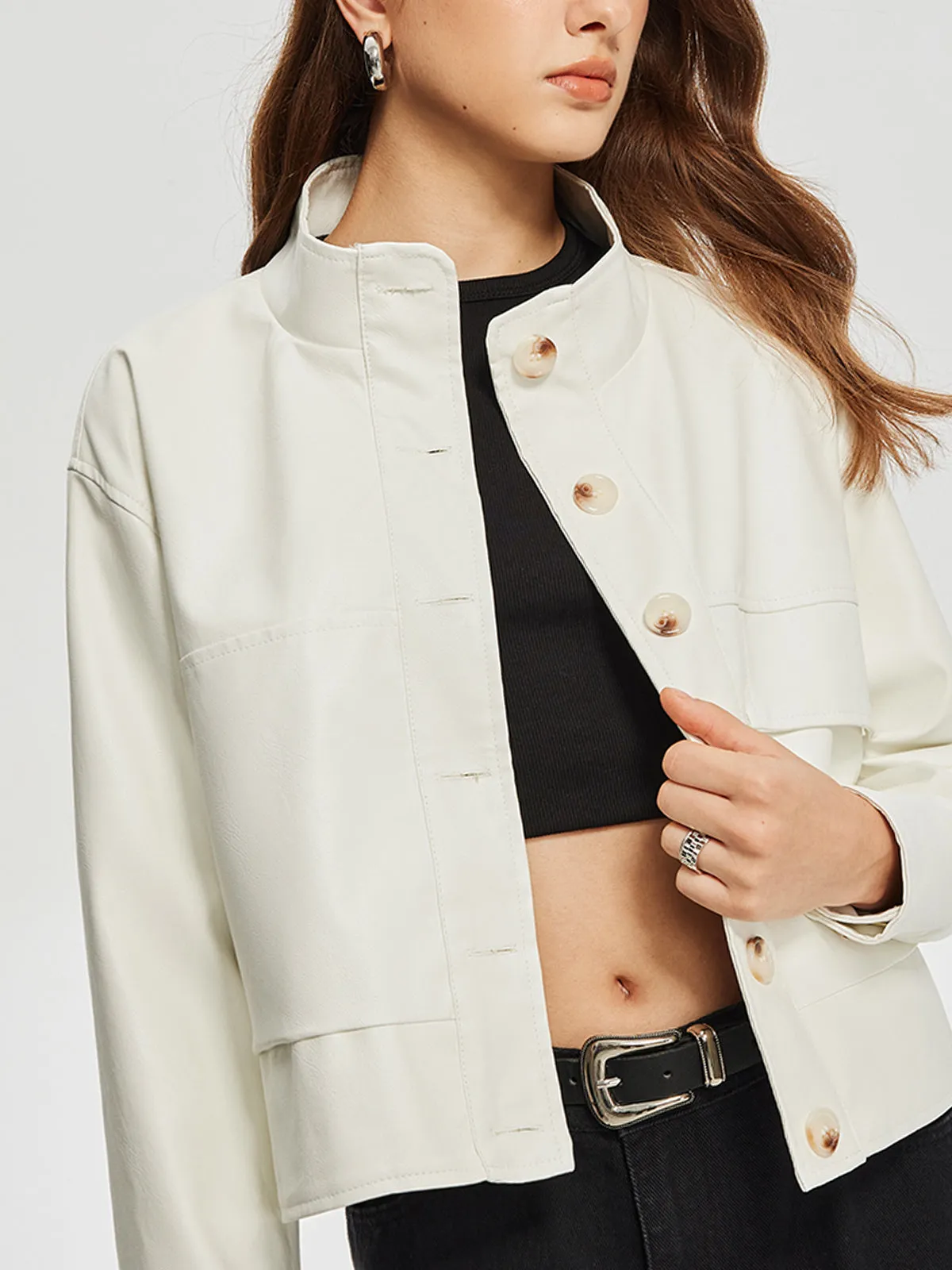 Chicmy-Stand Collar Button Faux Leather Trench Coat