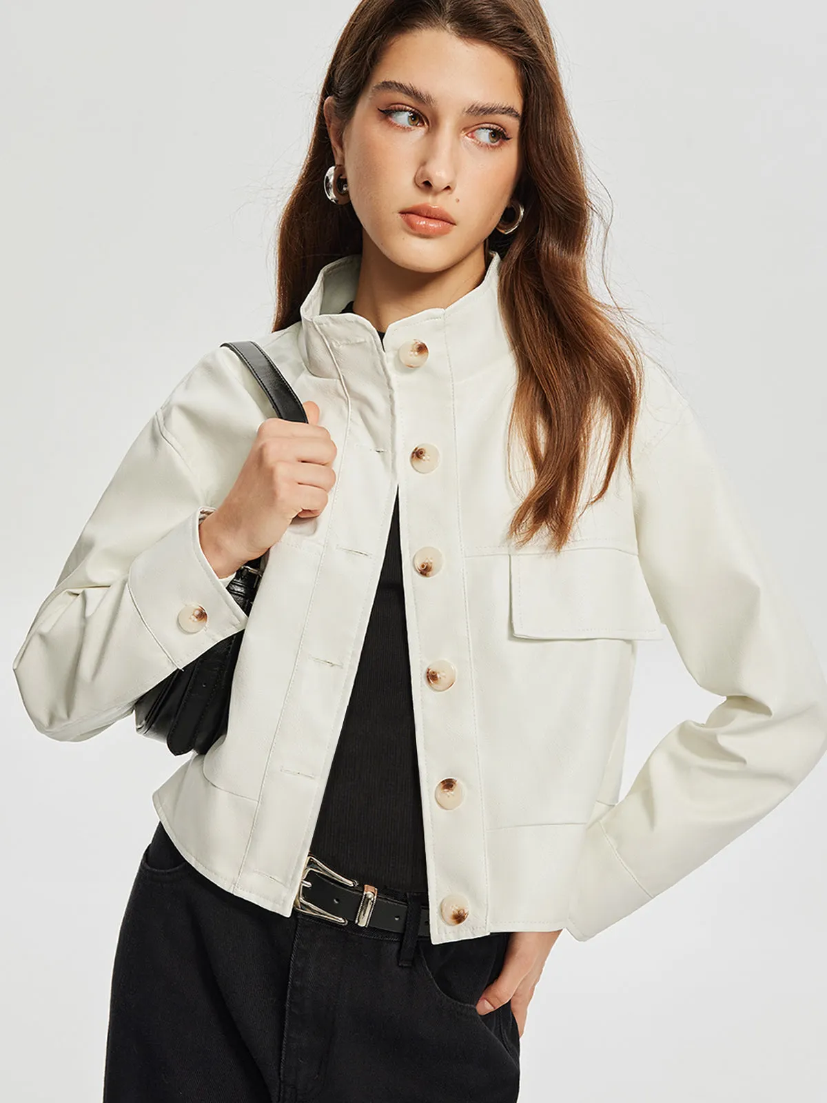 Chicmy-Stand Collar Button Faux Leather Trench Coat