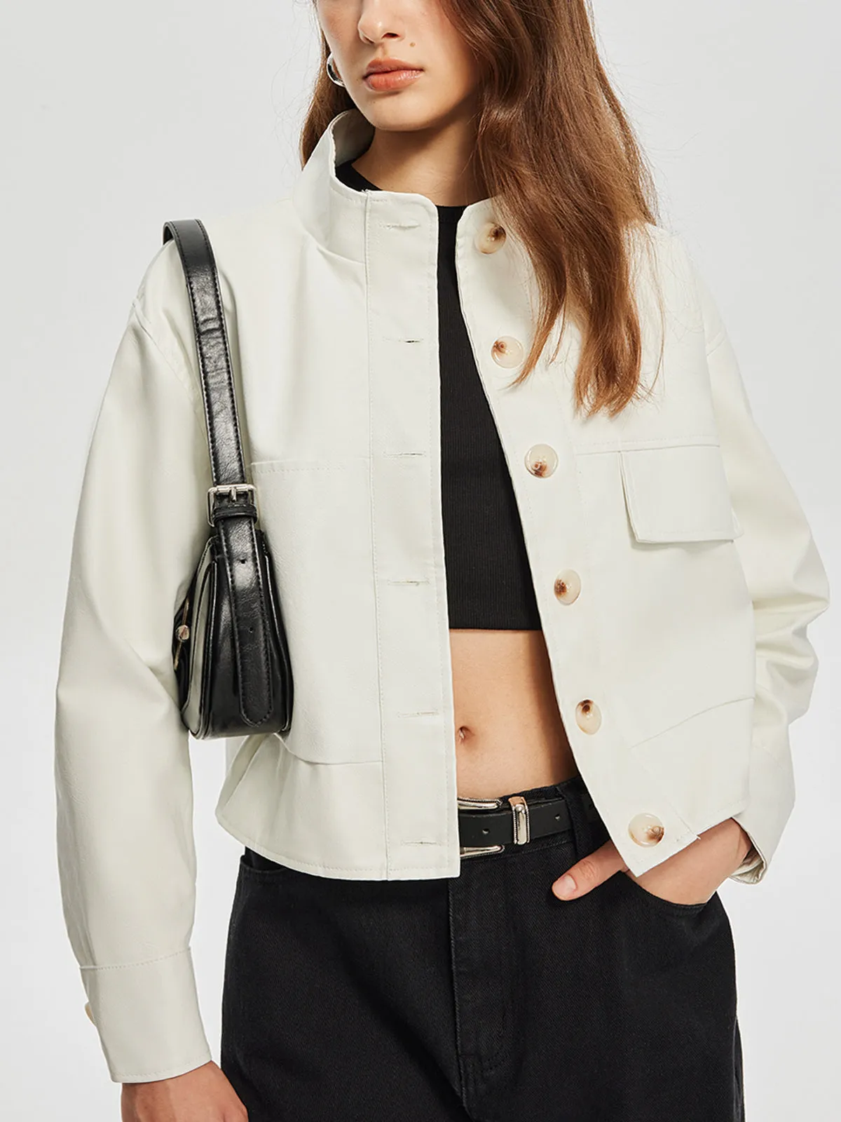 Chicmy-Stand Collar Button Faux Leather Trench Coat