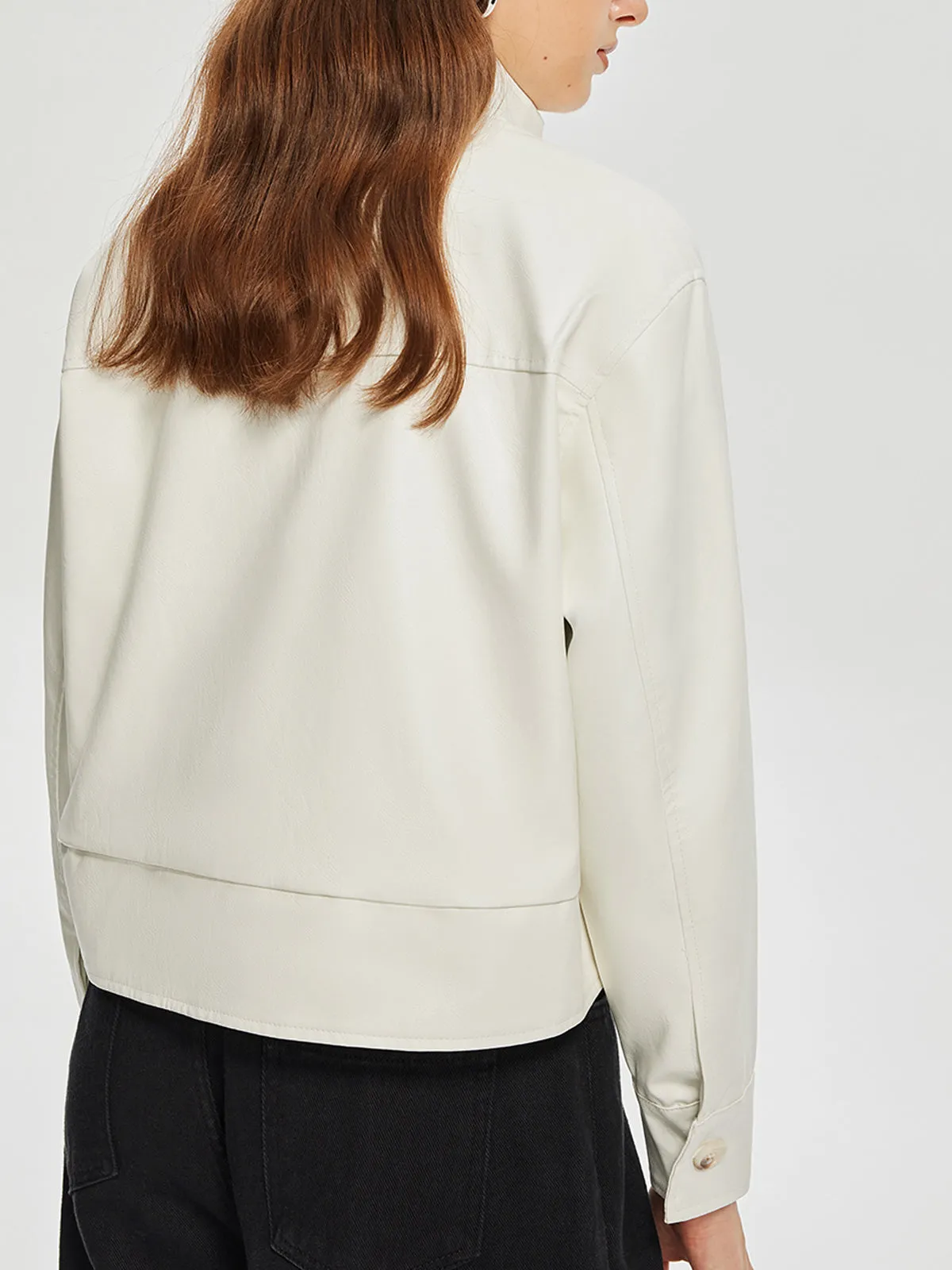 Chicmy-Stand Collar Button Faux Leather Trench Coat