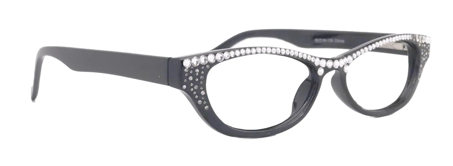 Felina Bling Cat Eyes, Women Reading Glasses Adorned W Clear Genuine European Crystals (Black) Frame, Full top NY Fifth Avenue. ( 2.50)