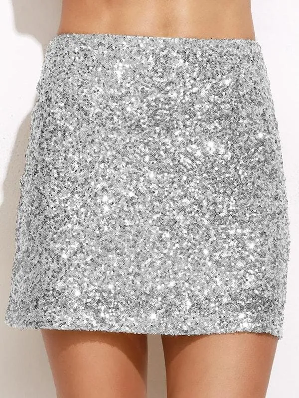 High Waist Metallic Sequin Skirt