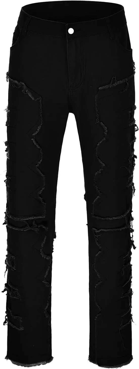 Jeans for Men Ripped Men's Black Stacked Jeans Ripped Jeans Regular Fit Patch Distressed Destroyed Denim Streetwear