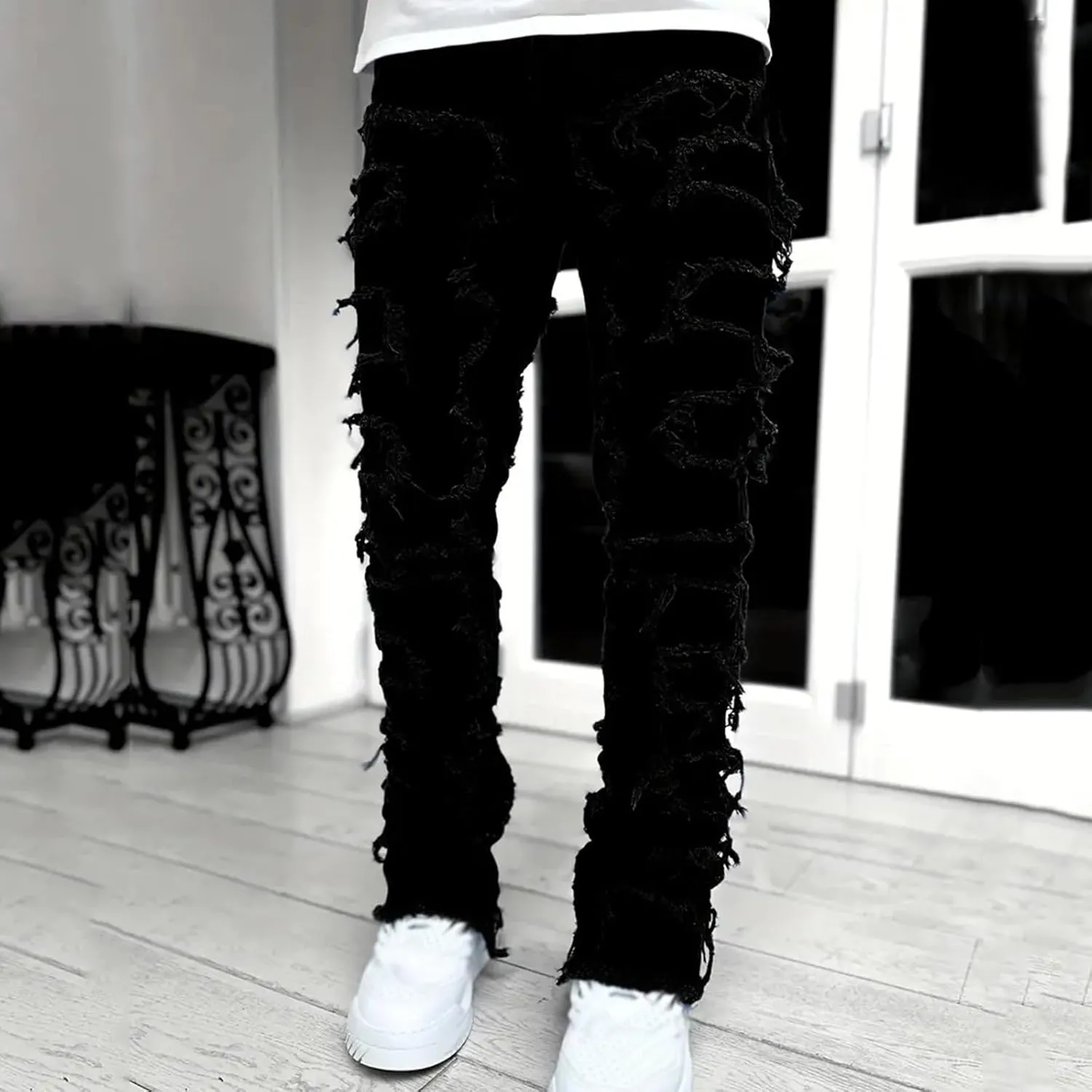 Jeans for Men Ripped Men's Black Stacked Jeans Ripped Jeans Regular Fit Patch Distressed Destroyed Denim Streetwear