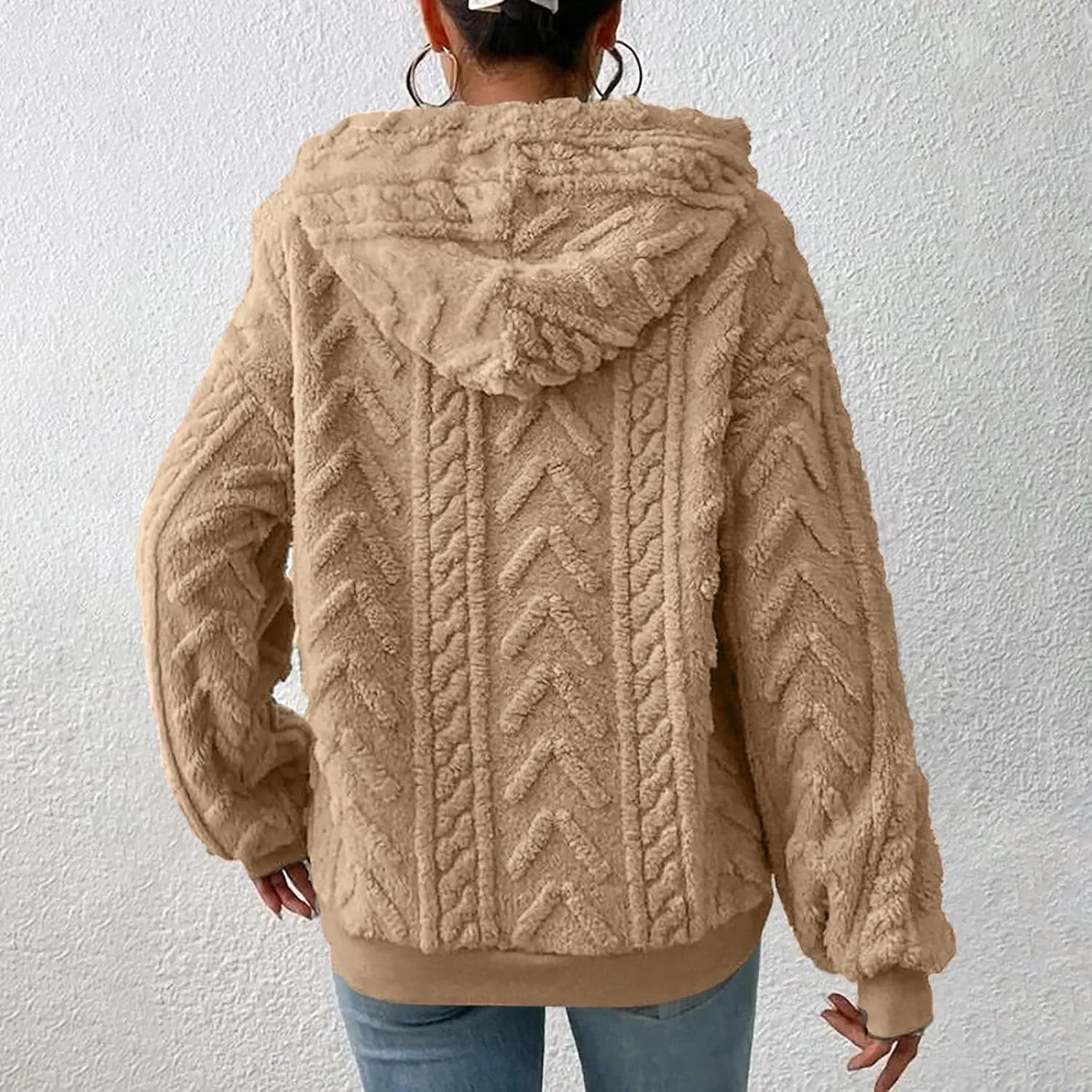 LCMTWX Womens Winter Fuzzy Fleece Jacket New Solid Hooded Thickened Jacquard Long Sleeve Sweater Coat Top Hooded Coats