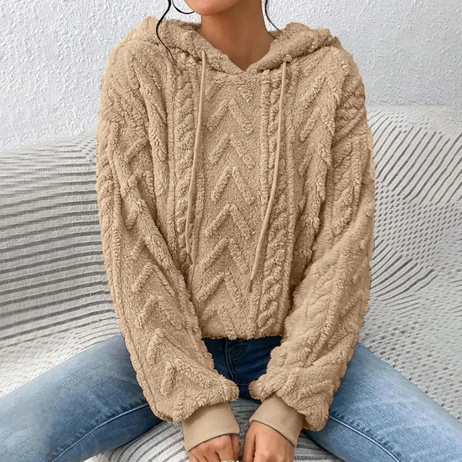 LCMTWX Womens Winter Fuzzy Fleece Jacket New Solid Hooded Thickened Jacquard Long Sleeve Sweater Coat Top Hooded Coats