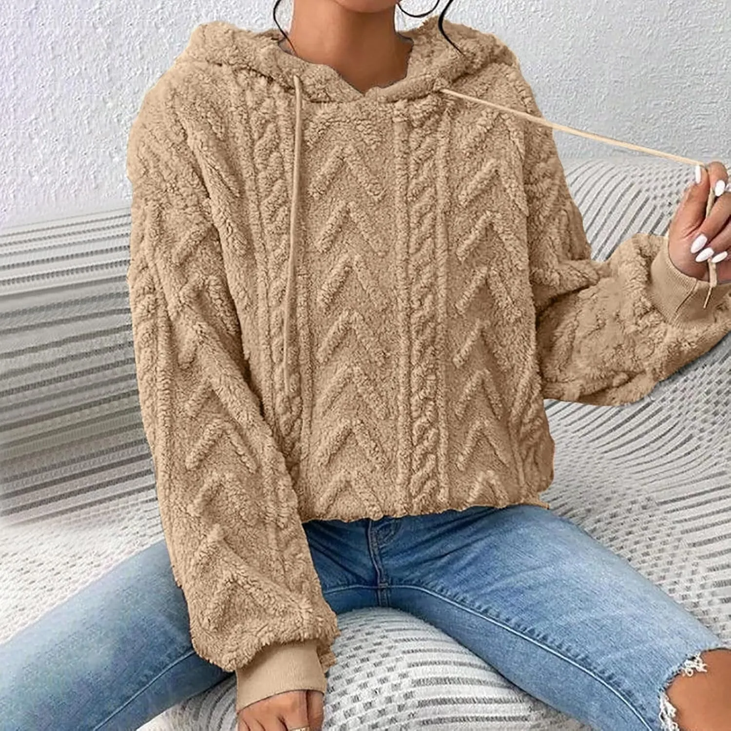 LCMTWX Womens Winter Fuzzy Fleece Jacket New Solid Hooded Thickened Jacquard Long Sleeve Sweater Coat Top Hooded Coats