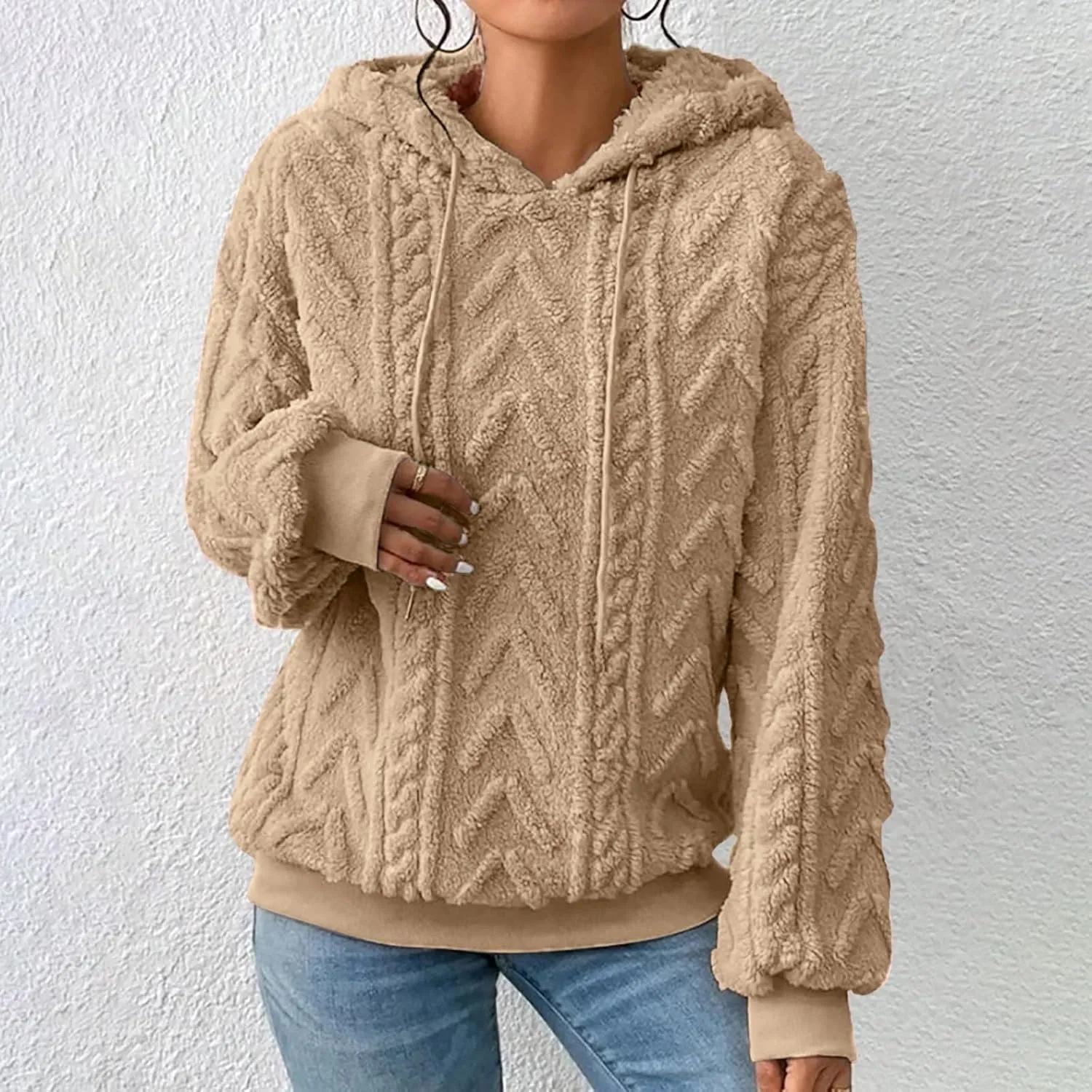 LCMTWX Womens Winter Fuzzy Fleece Jacket New Solid Hooded Thickened Jacquard Long Sleeve Sweater Coat Top Hooded Coats