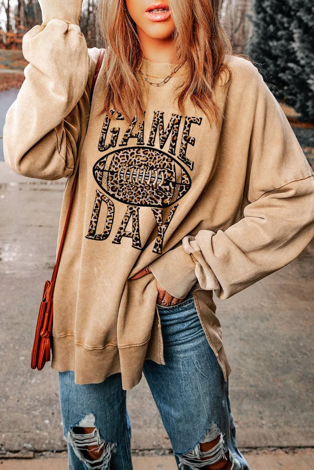 Loose Leopard GAME DAY Graphic Sweatshirt: Khaki / 75%Polyester 25%Cotton / XL