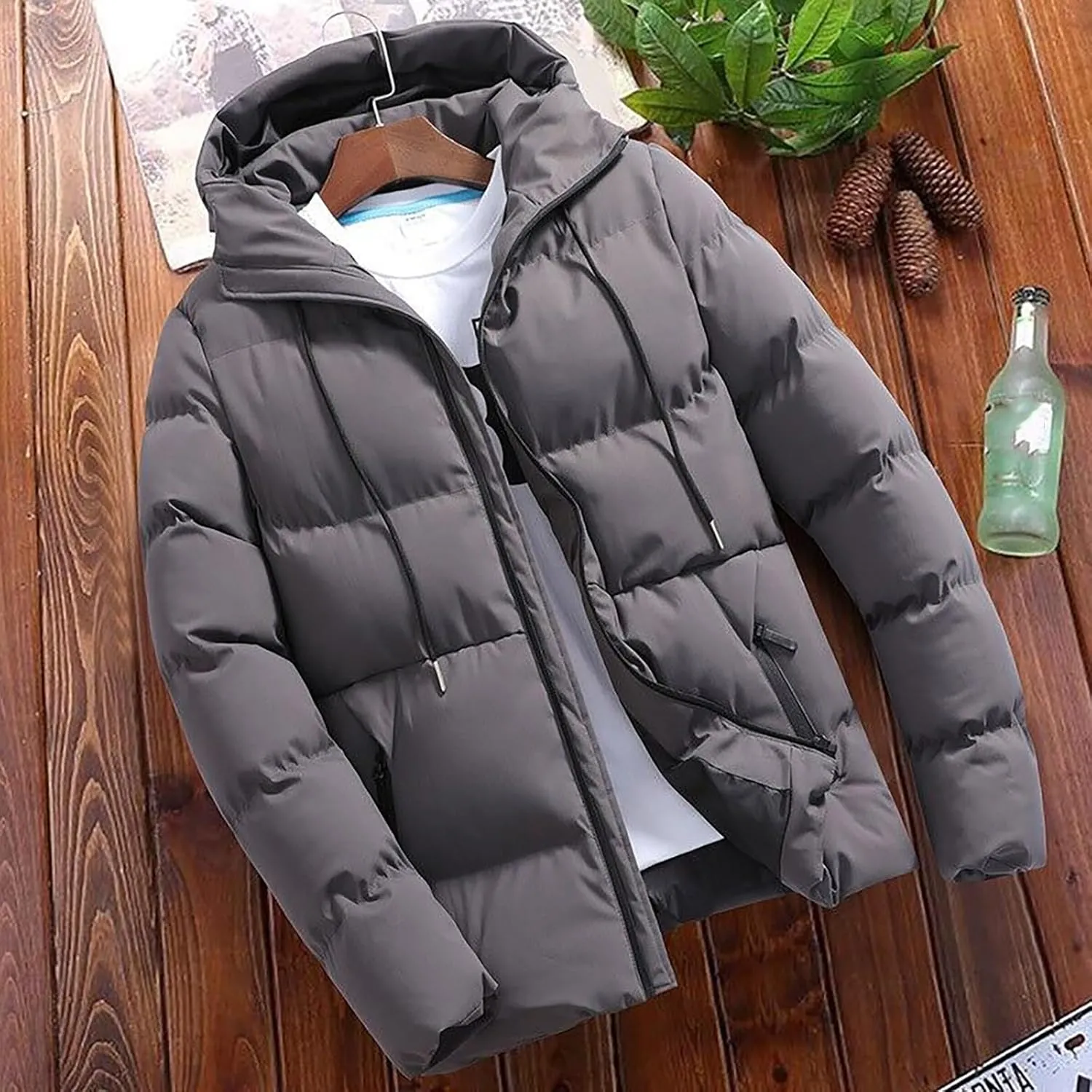 Mens Puffer down Jacket with Hood Quilted Padded Full Zip Packable Winter Warm Hooded Jacket Insulated Puffy Plus Size Coat