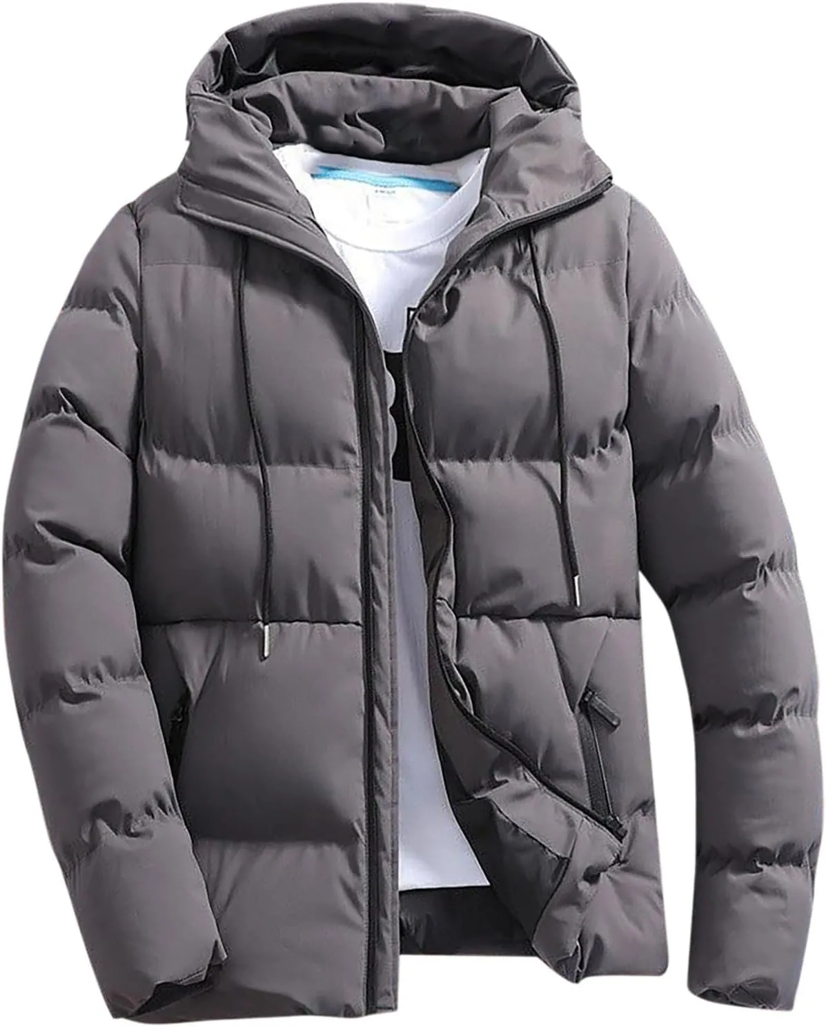 Mens Puffer down Jacket with Hood Quilted Padded Full Zip Packable Winter Warm Hooded Jacket Insulated Puffy Plus Size Coat