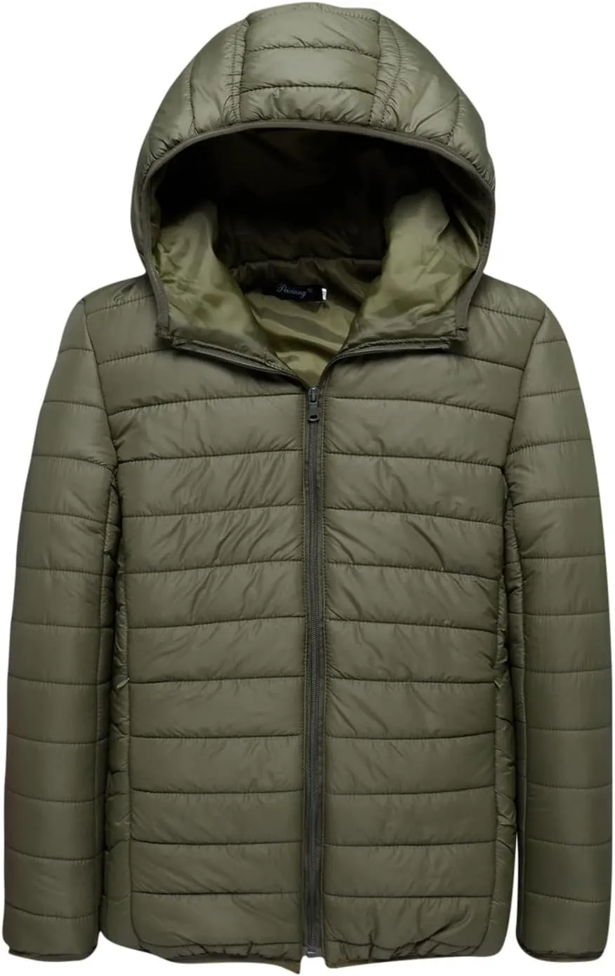 Mens Puffer Jacket Down Jacket Packable Lightweight Jacket Long Sleeve Zip Up Fuzzy Winter Jackets with Hood