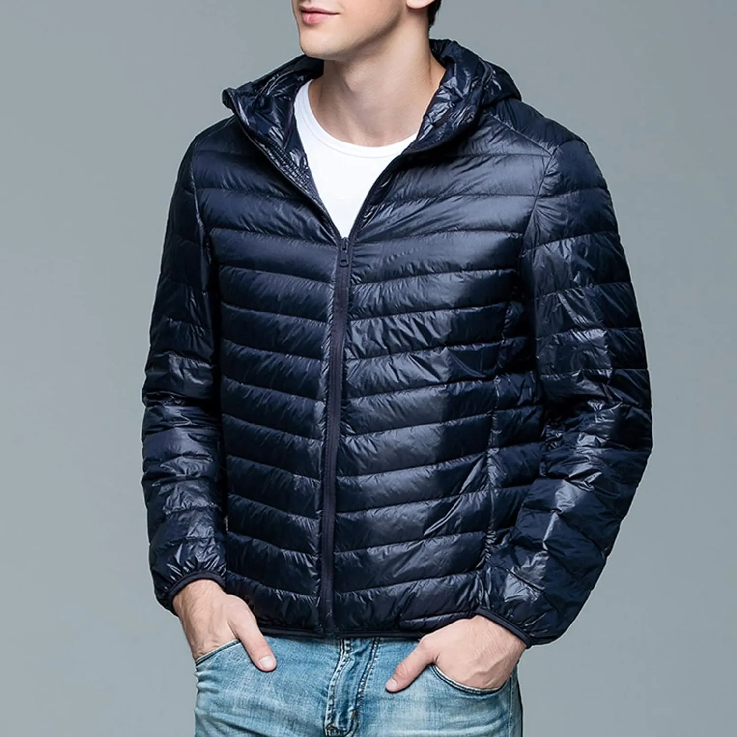 Mens Puffer Jacket with Hood Full Zip Lightweight Winter Down Coats Loose Fit Long Sleeve Hooded Sweatshirt Quilted Jackets
