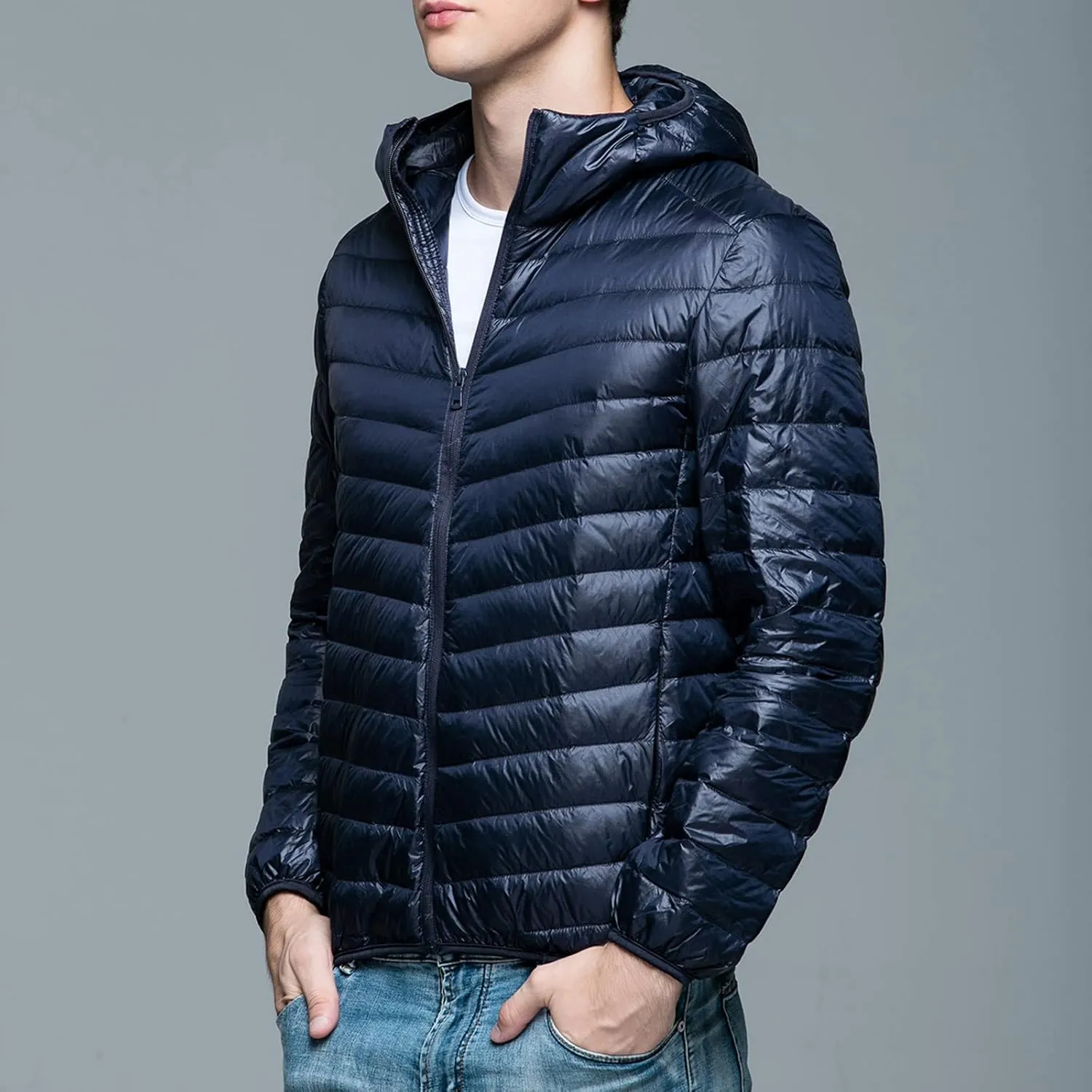 Mens Puffer Jacket with Hood Full Zip Lightweight Winter Down Coats Loose Fit Long Sleeve Hooded Sweatshirt Quilted Jackets