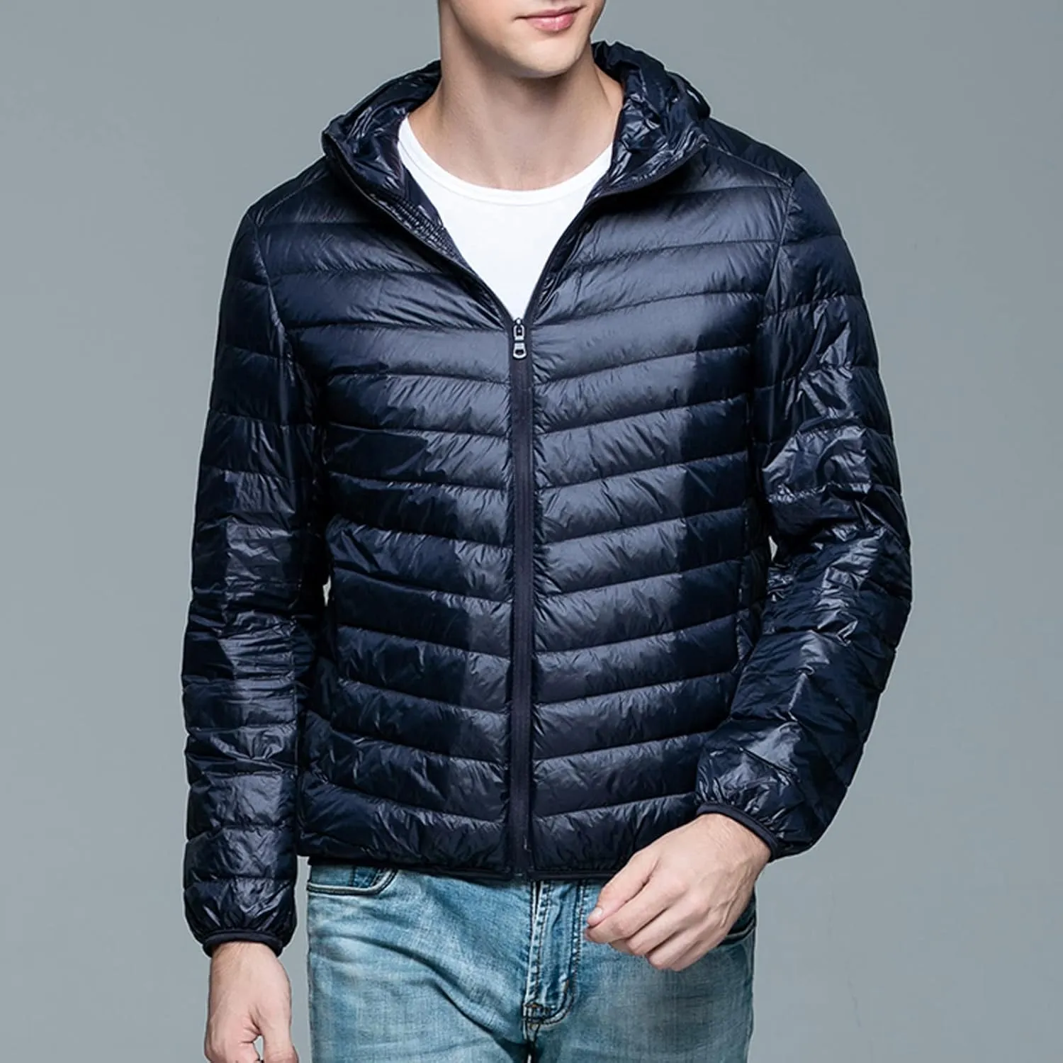 Mens Puffer Jacket with Hood Full Zip Lightweight Winter Down Coats Loose Fit Long Sleeve Hooded Sweatshirt Quilted Jackets