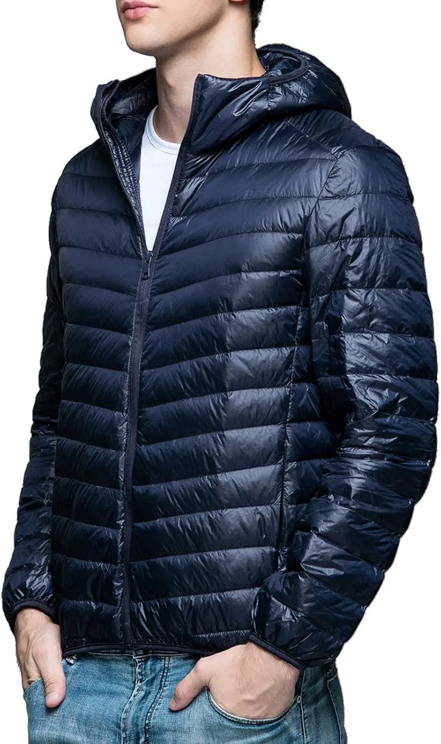 Mens Puffer Jacket with Hood Full Zip Lightweight Winter Down Coats Loose Fit Long Sleeve Hooded Sweatshirt Quilted Jackets