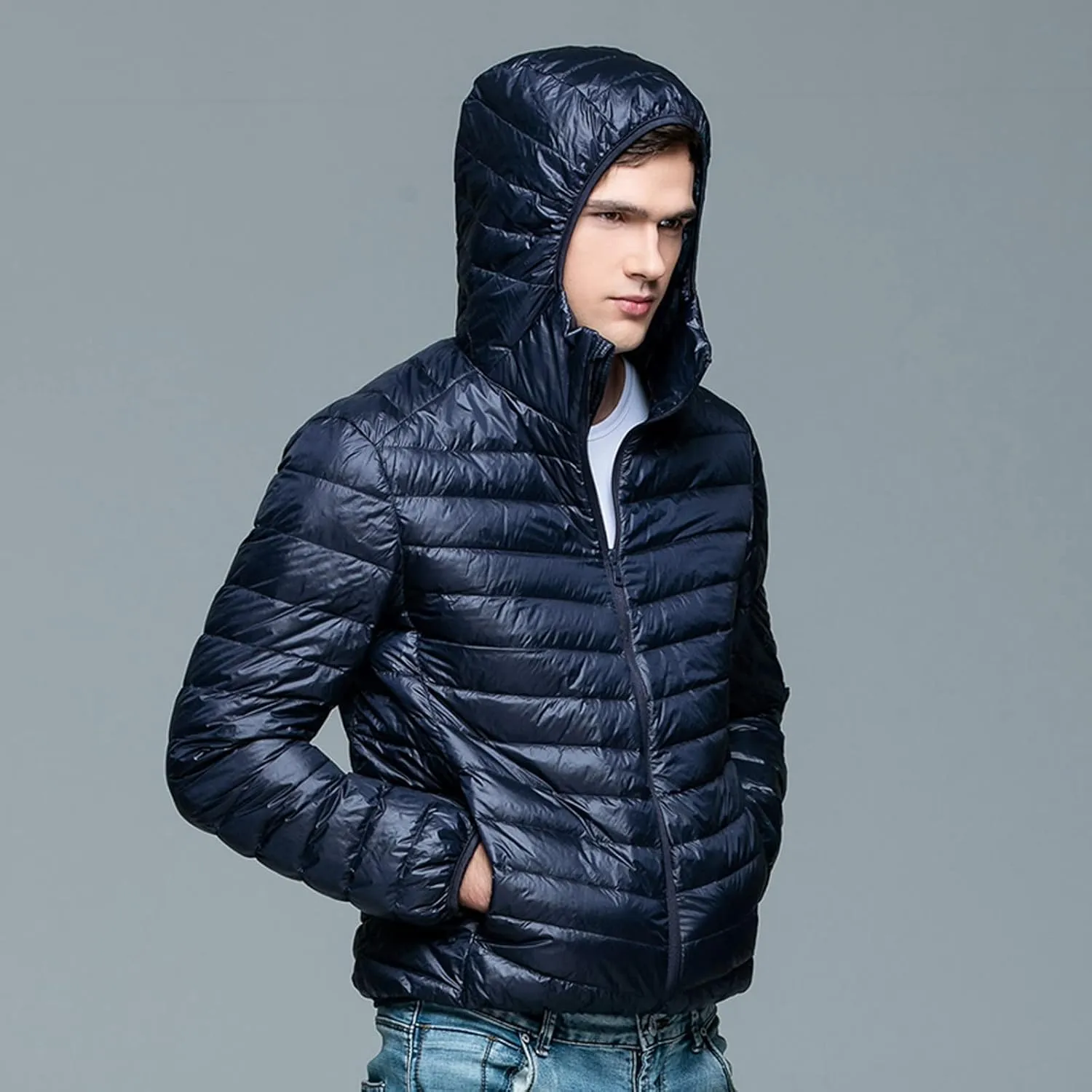 Mens Puffer Jacket with Hood Full Zip Lightweight Winter Down Coats Loose Fit Long Sleeve Hooded Sweatshirt Quilted Jackets