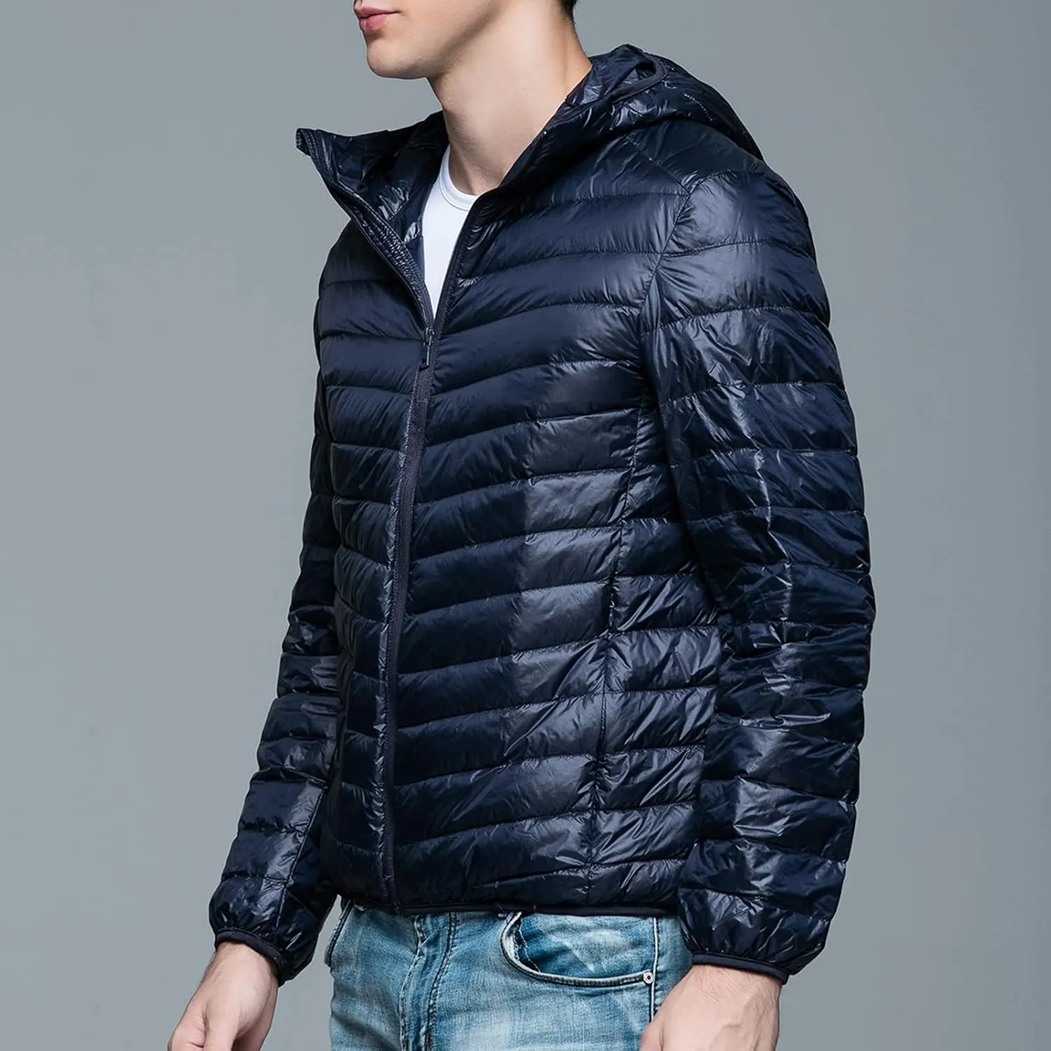 Mens Puffer Jacket with Hood Full Zip Lightweight Winter Down Coats Loose Fit Long Sleeve Hooded Sweatshirt Quilted Jackets
