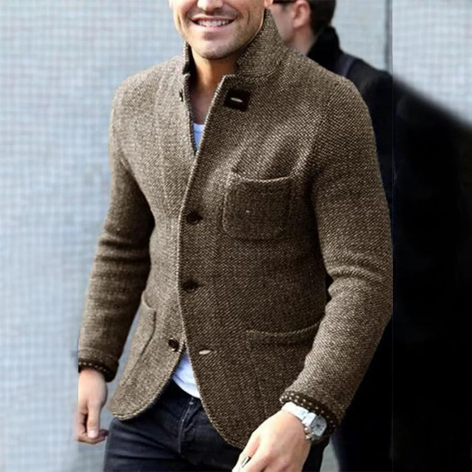 Men's Sweater Coat Fall Knit Stand Buttons Male Long Sleeve Solid Color Sweater Peak Coat for Men