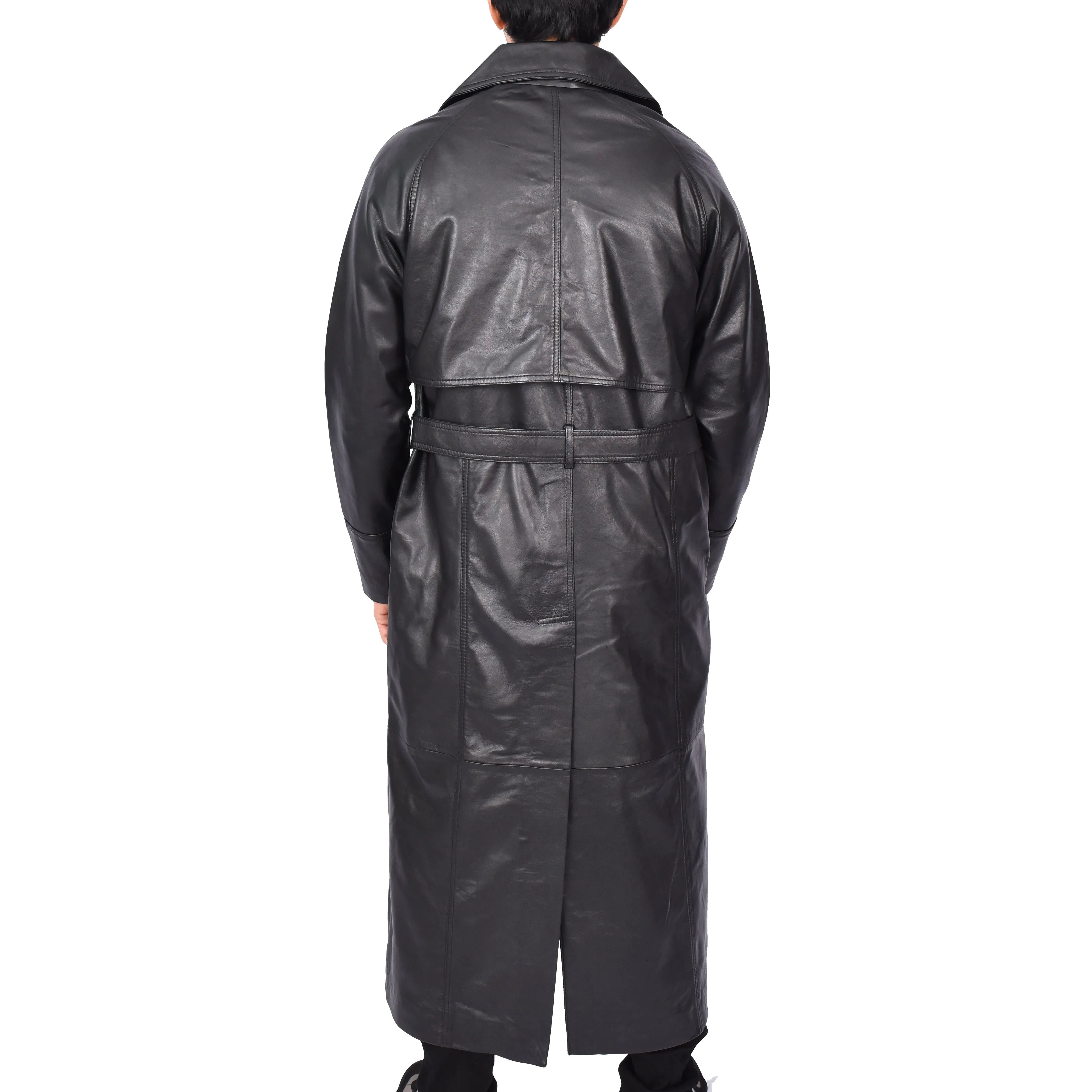 Men's Trench Double Breasted Full Length Leather Coat Black Oskar