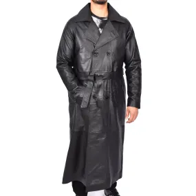 Men's Trench Double Breasted Full Length Leather Coat Black Oskar