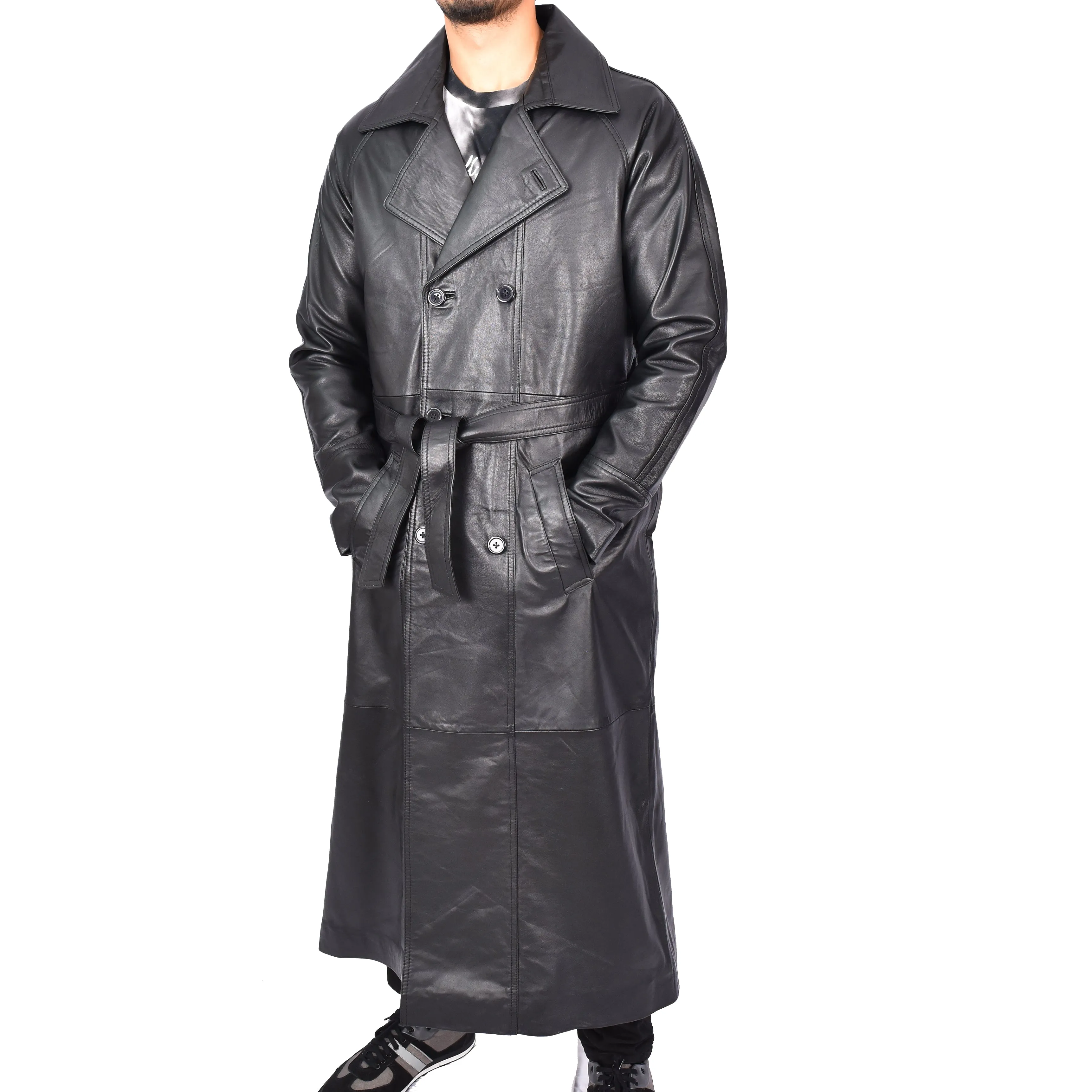 Men's Trench Double Breasted Full Length Leather Coat Black Oskar