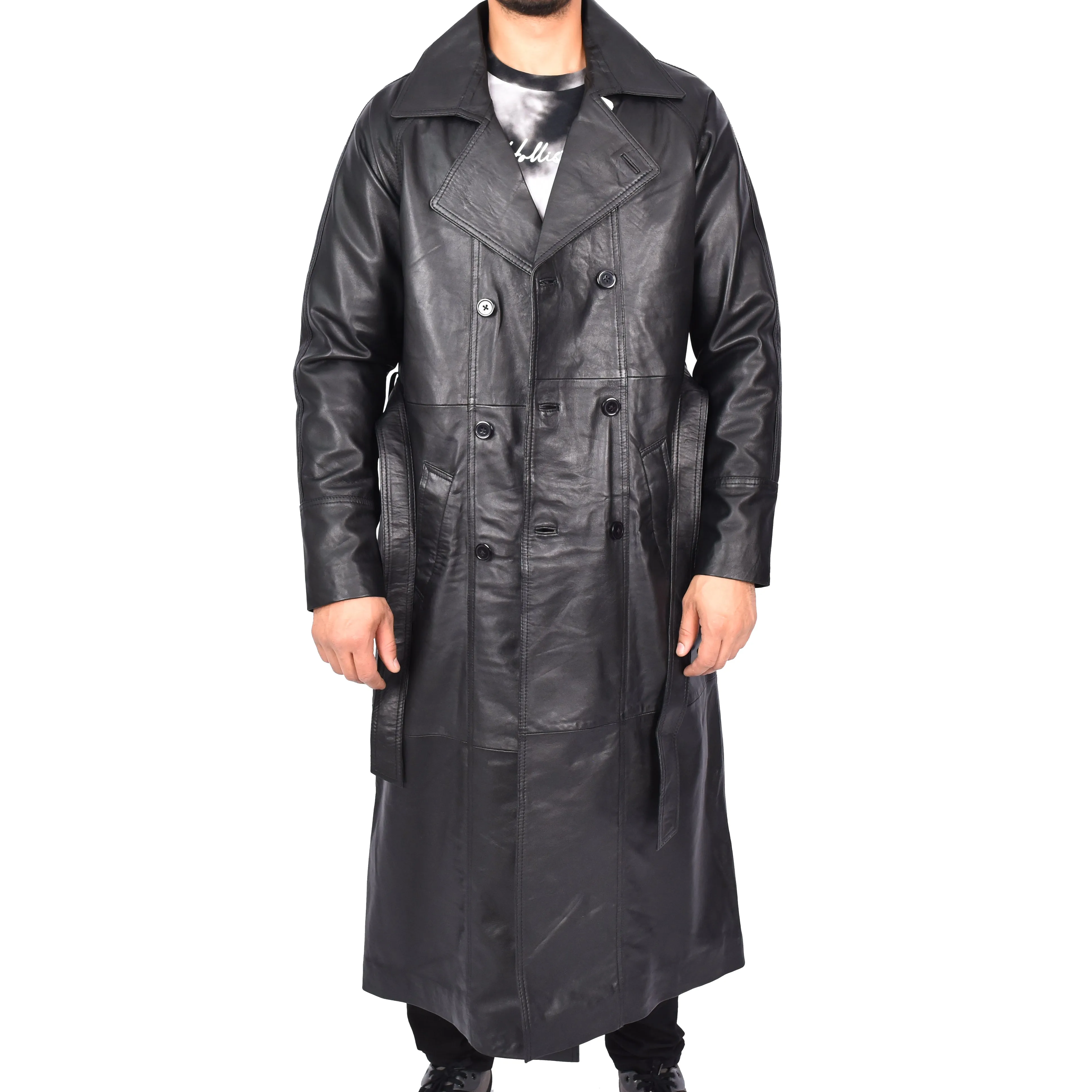 Men's Trench Double Breasted Full Length Leather Coat Black Oskar