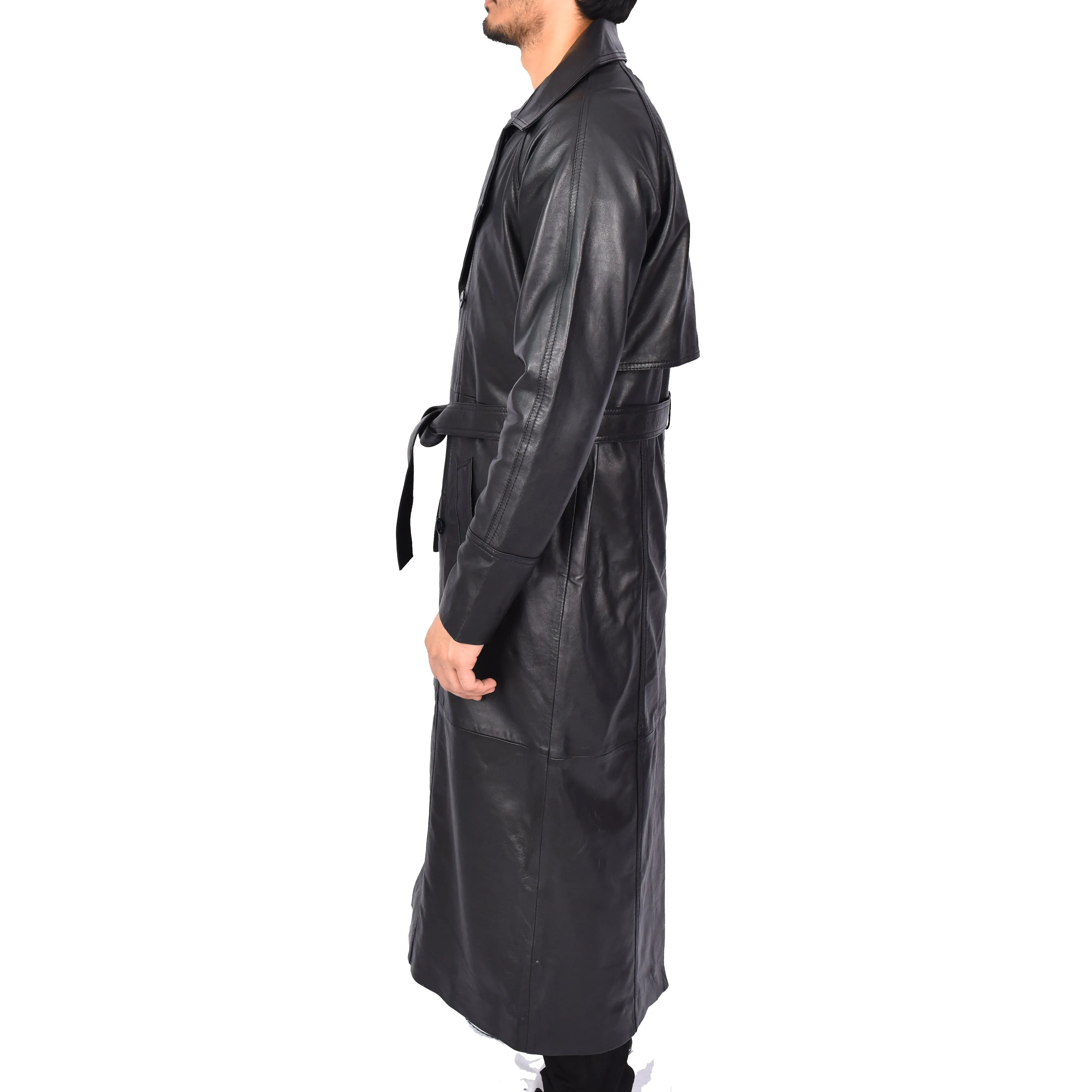 Men's Trench Double Breasted Full Length Leather Coat Black Oskar