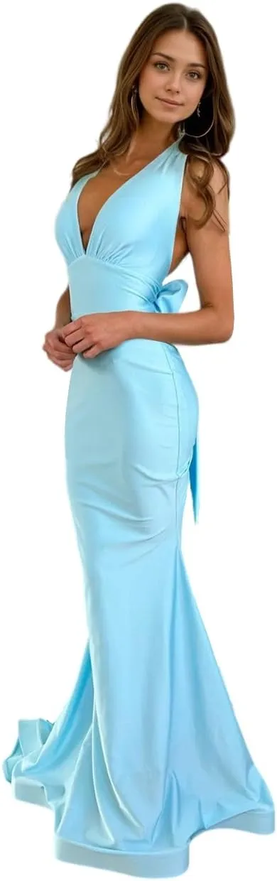 Mermaid V Neck Satin Prom Dresses with Bow Back 2025 Long Formal Evening Gowns LU124