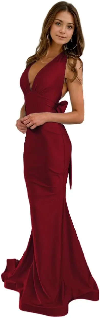 Mermaid V Neck Satin Prom Dresses with Bow Back 2025 Long Formal Evening Gowns LU124