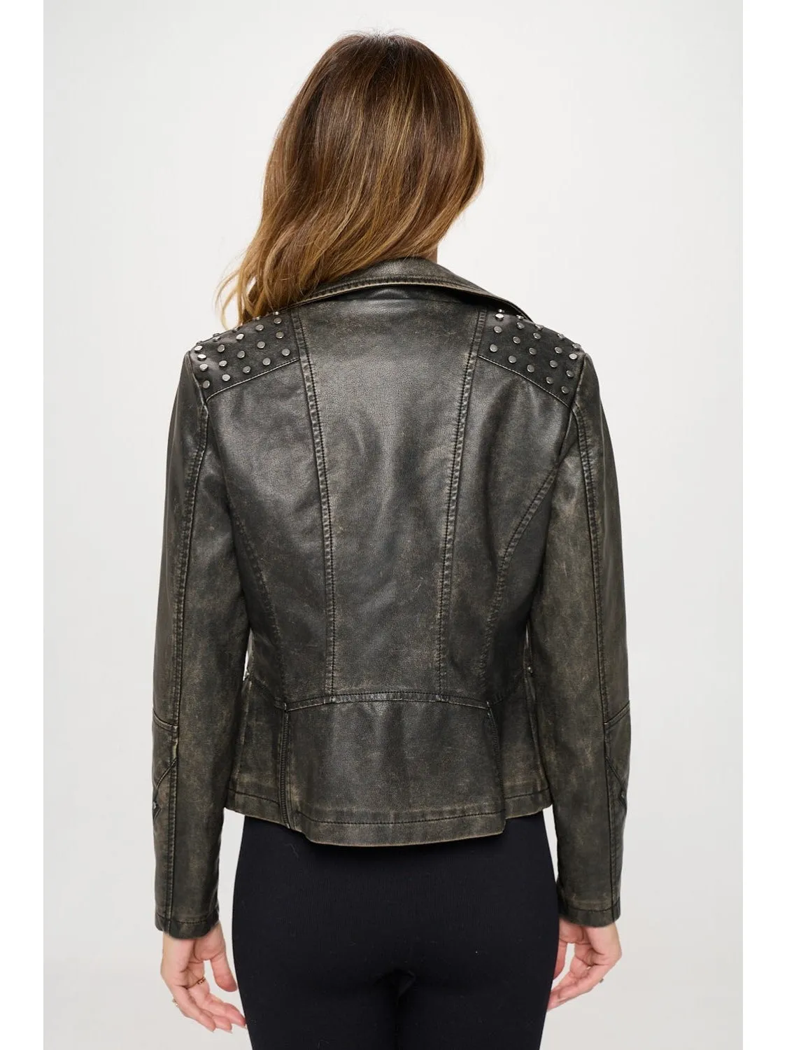 NicholesGifts Women Coalition LA Studded Classic Moto Faux Leather Jacket